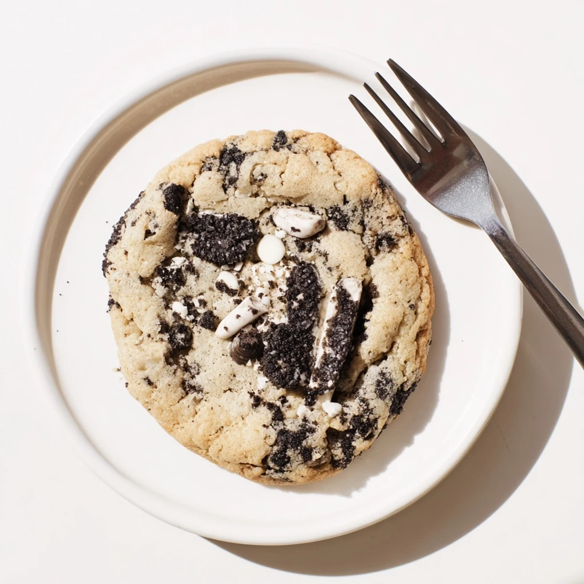 Chewy cookies and cream cookie with white chocolate chips and crushed Oreo pieces