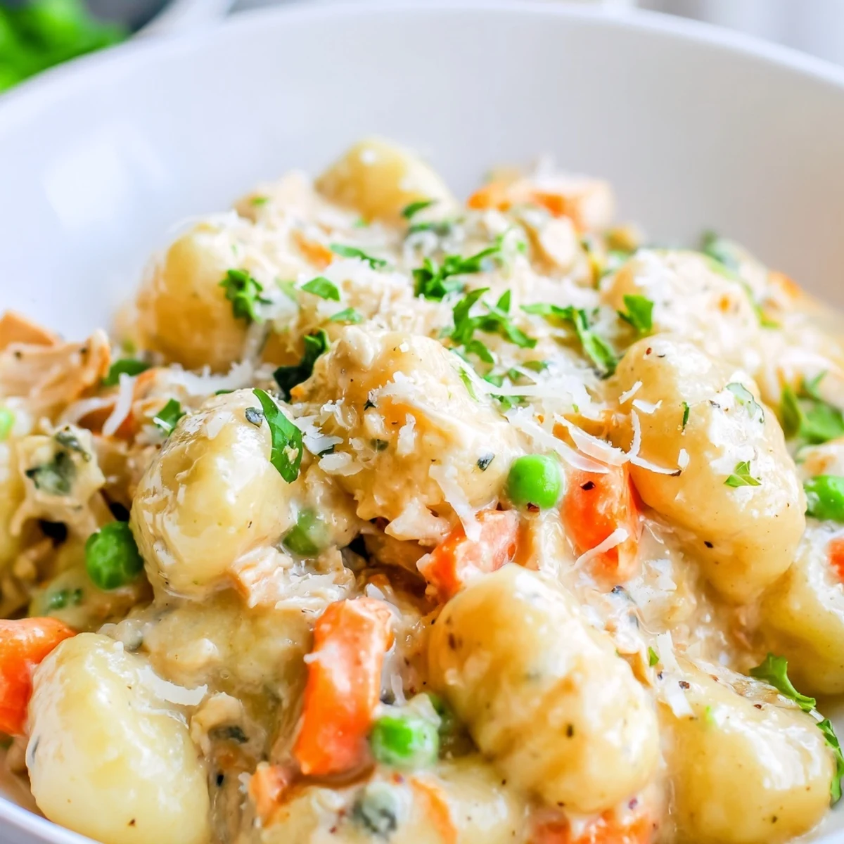 Creamy one pot gnocchi chicken pot pie with tender vegetables in golden savory sauce