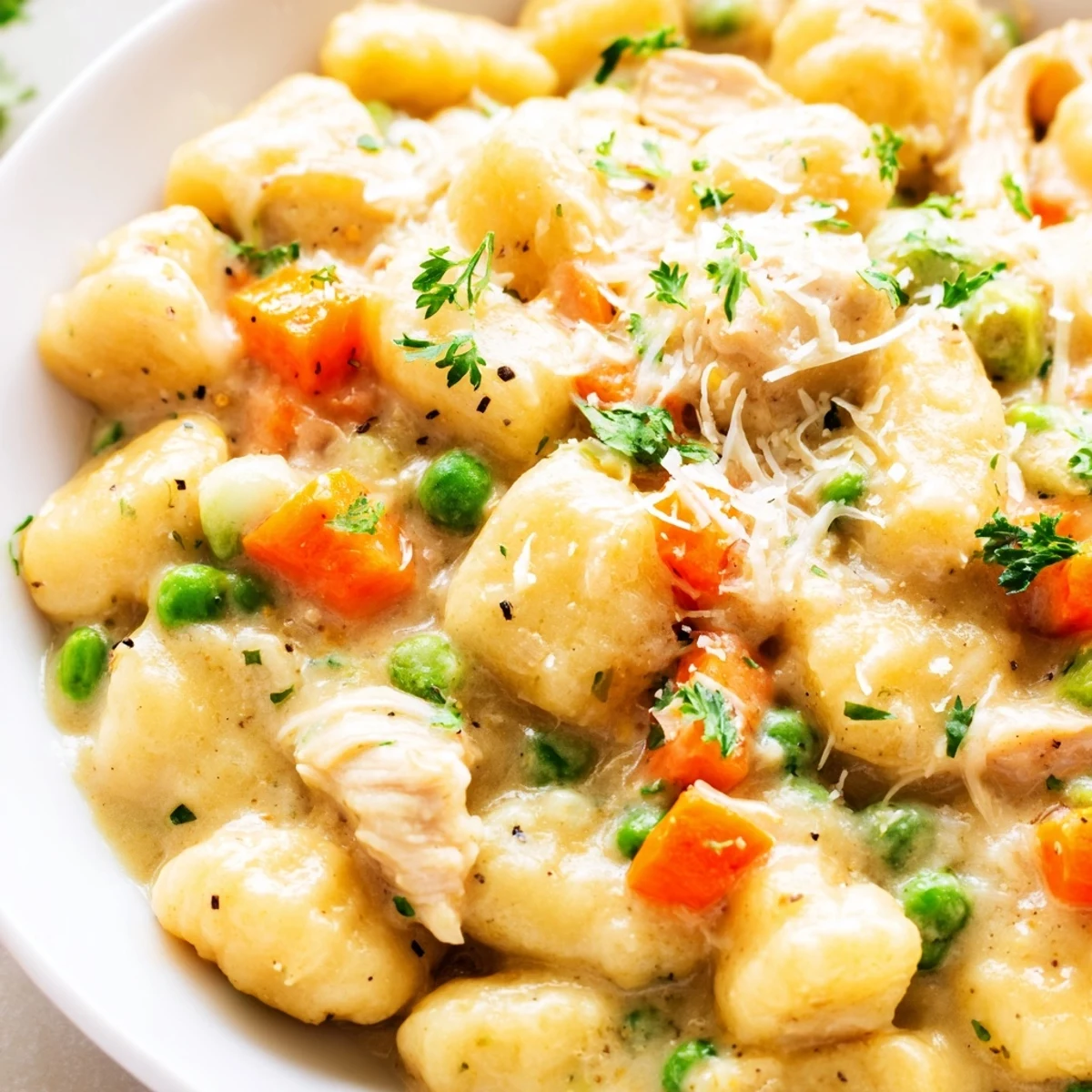 One pot gnocchi chicken pot pie topped with fresh parsley and parmesan garnish