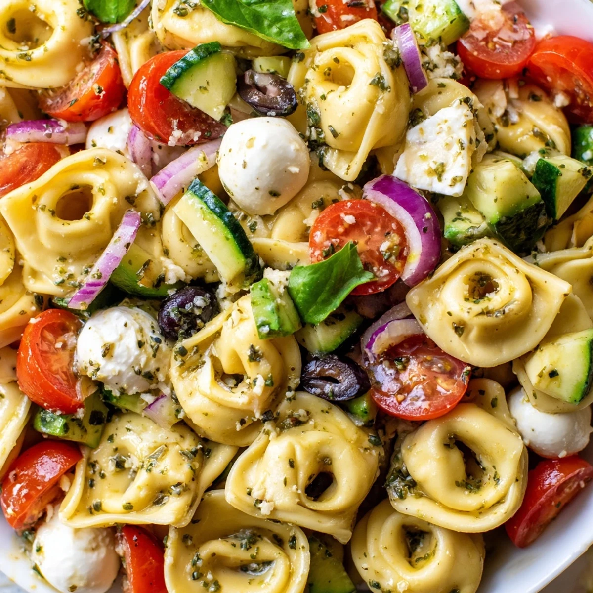 Colorful tortellini salad with cherry tomatoes, cucumber, and mozzarella tossed in zesty Italian dressing