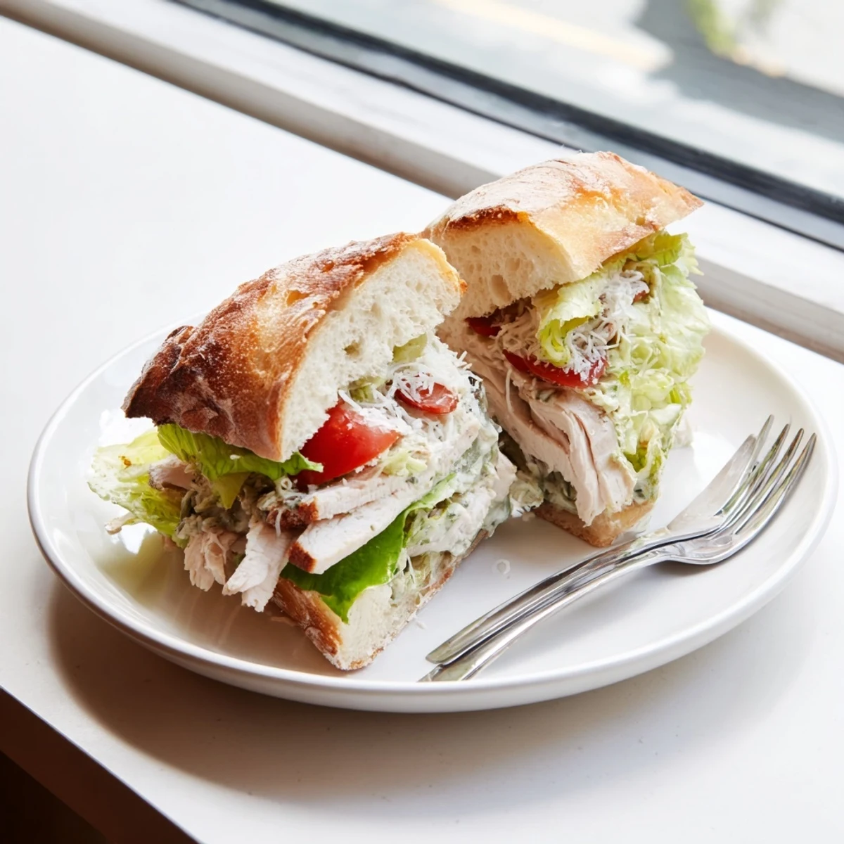 Juicy grilled chicken Caesar sandwich with crisp romaine and creamy dressing on toasted ciabatta