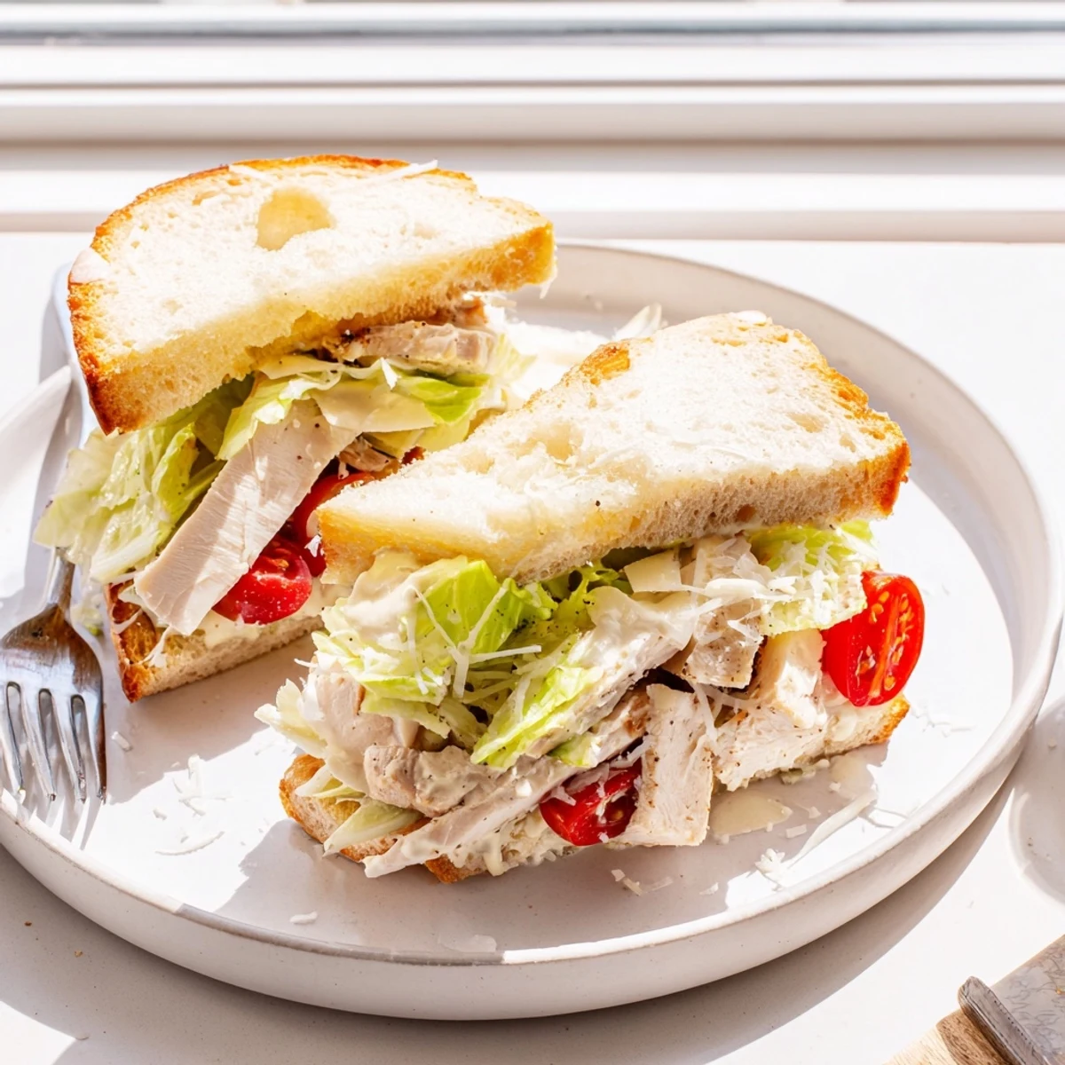 Toasted chicken Caesar sandwich layered with shaved Parmesan and fresh romaine on golden crusty bread