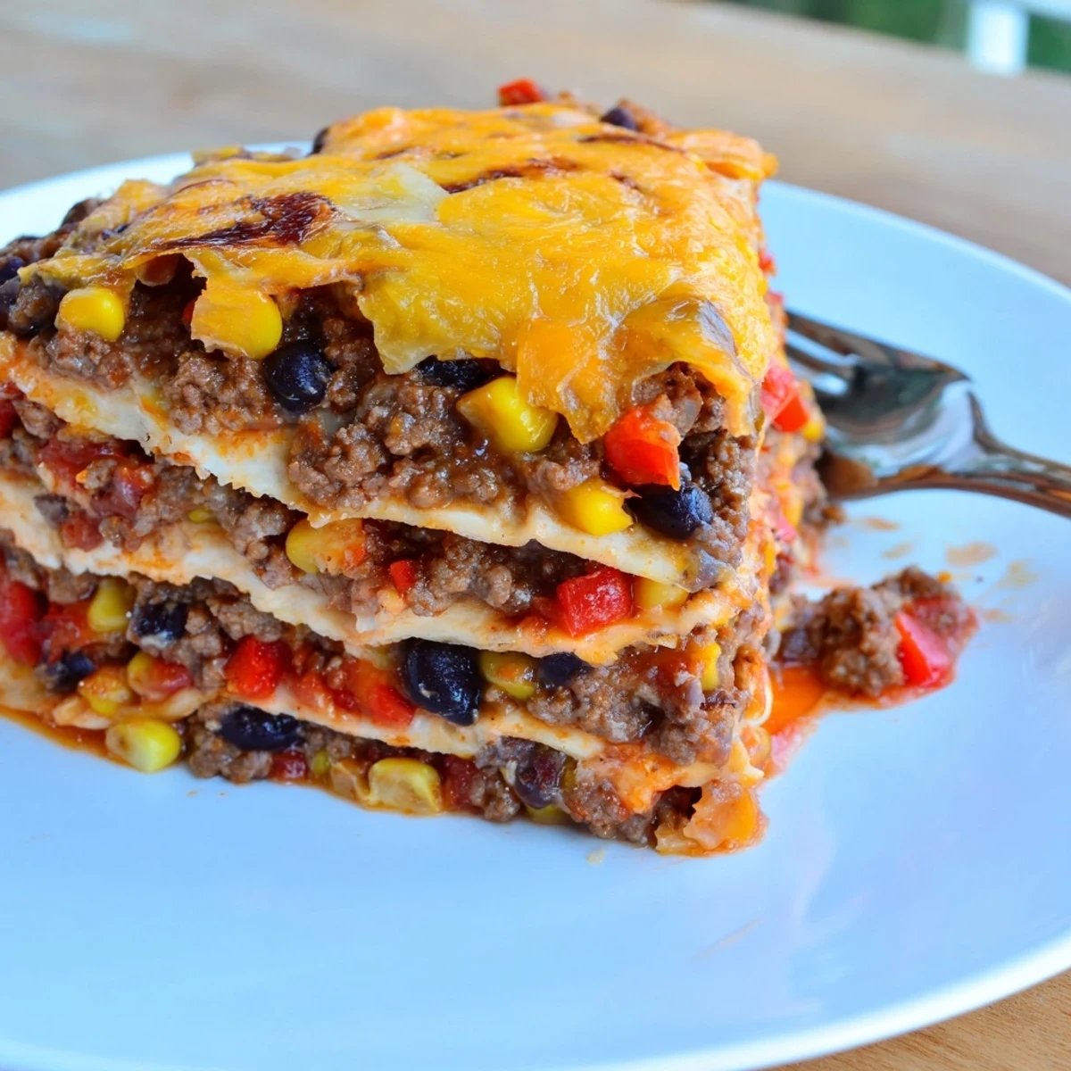 Golden Mexican lasagna with layers of tortillas, spiced beef, and melted cheese bubbling in casserole dish