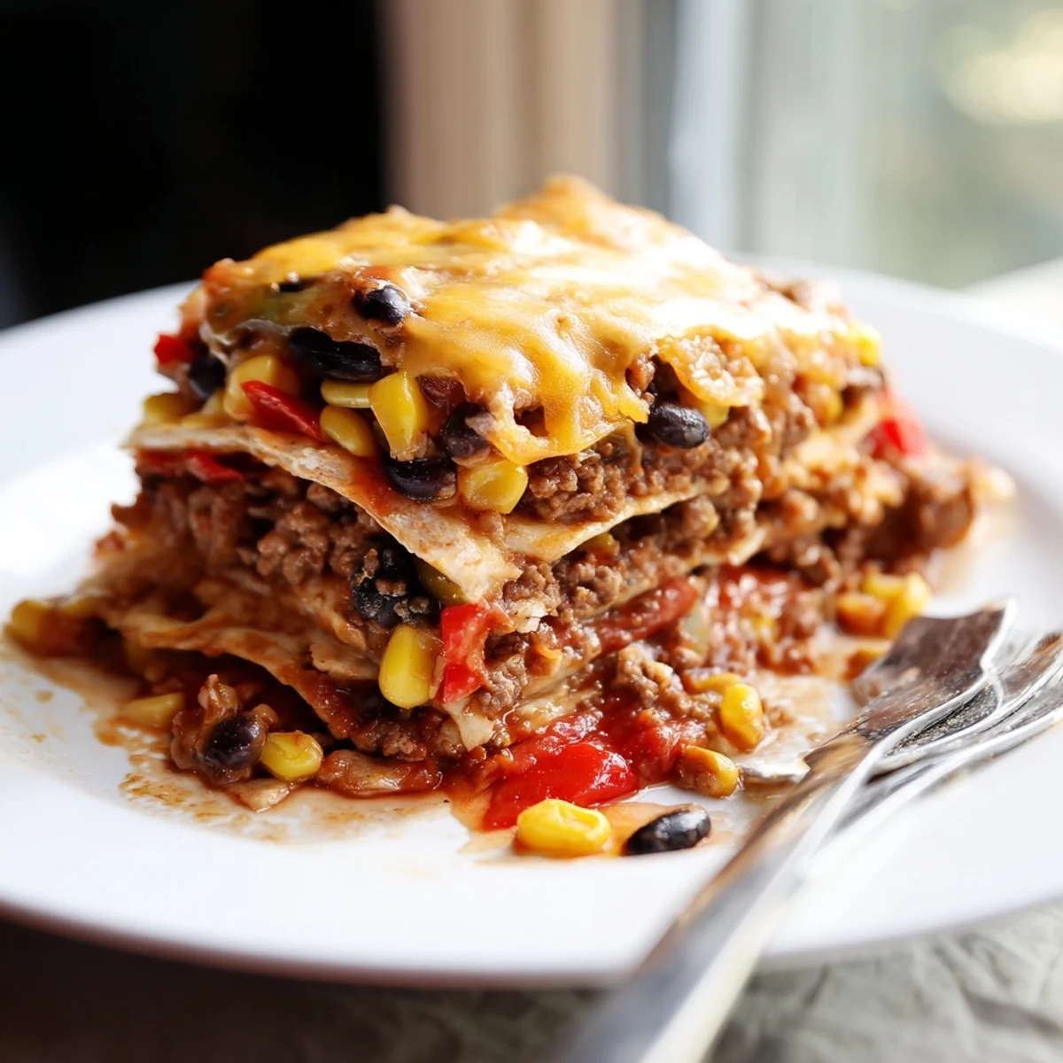 Mexican lasagna sliced square revealing stacked tortillas, seasoned meat, beans, corn, and gooey cheese