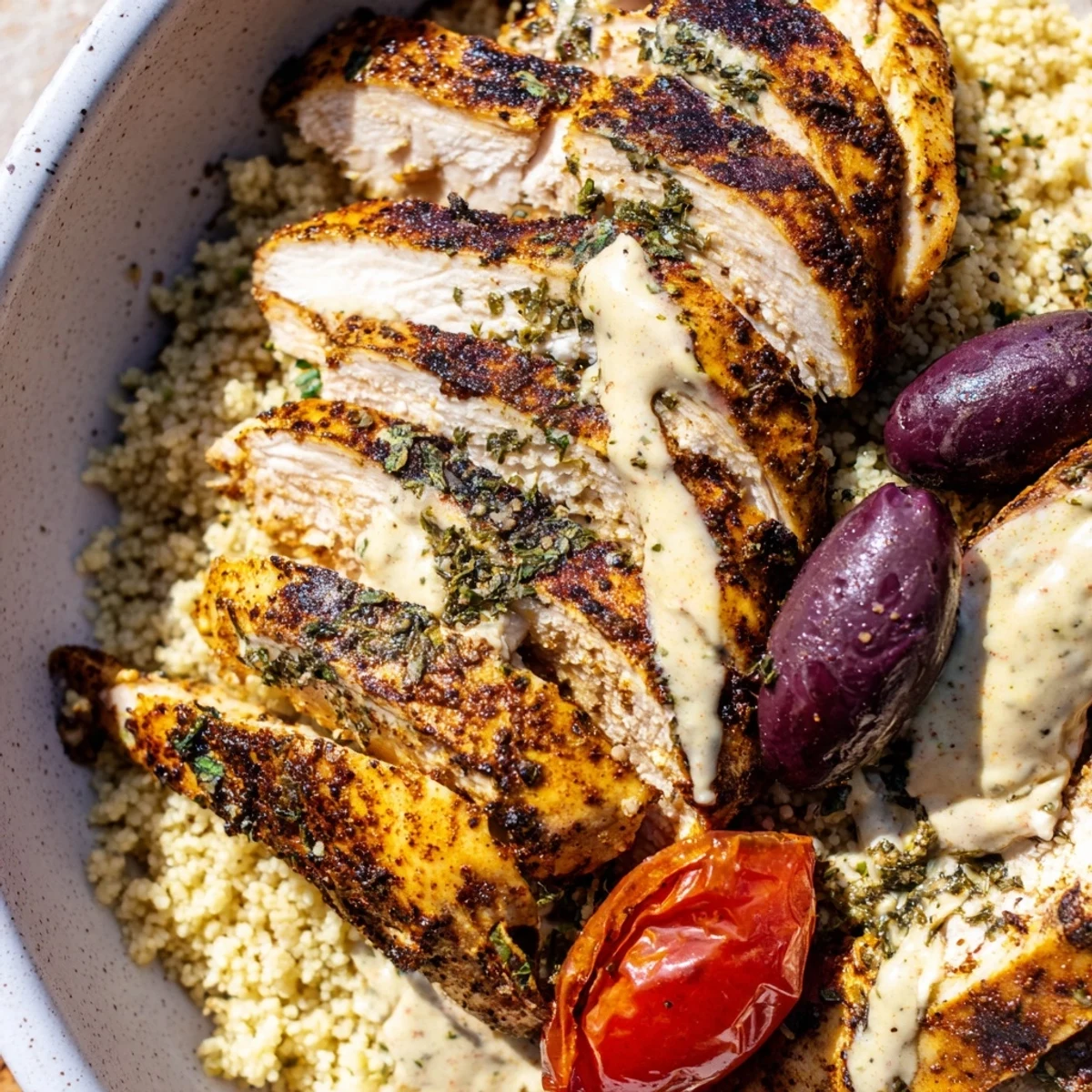 Golden Mediterranean chicken couscous bowl topped with fresh vegetables and creamy tahini drizzle