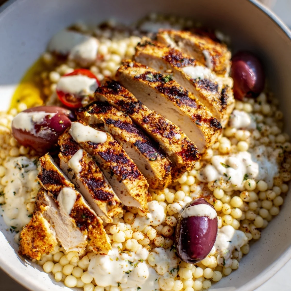 Fluffy couscous paired with spiced chicken crisp cucumbers tomatoes and zesty lemon sauce