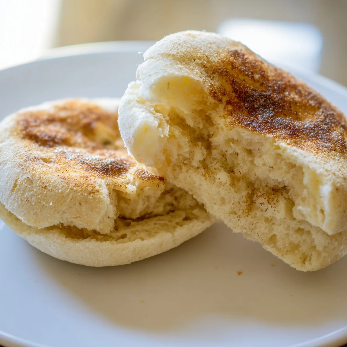 Golden homemade English muffins fresh from the griddle, dusted with cornmeal and ready to split
