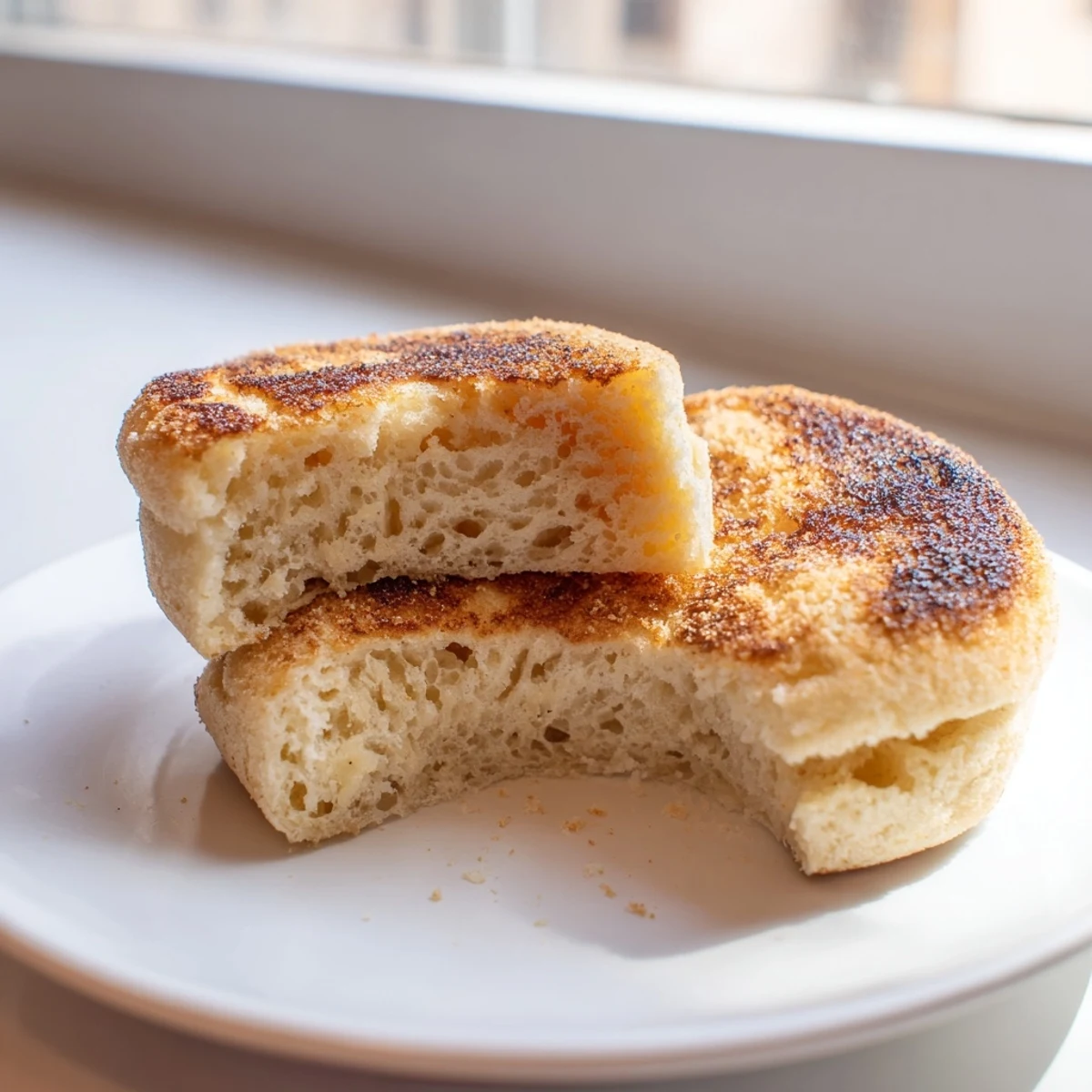 Soft homemade English muffins showing signature nooks and crannies, perfect for butter and jam