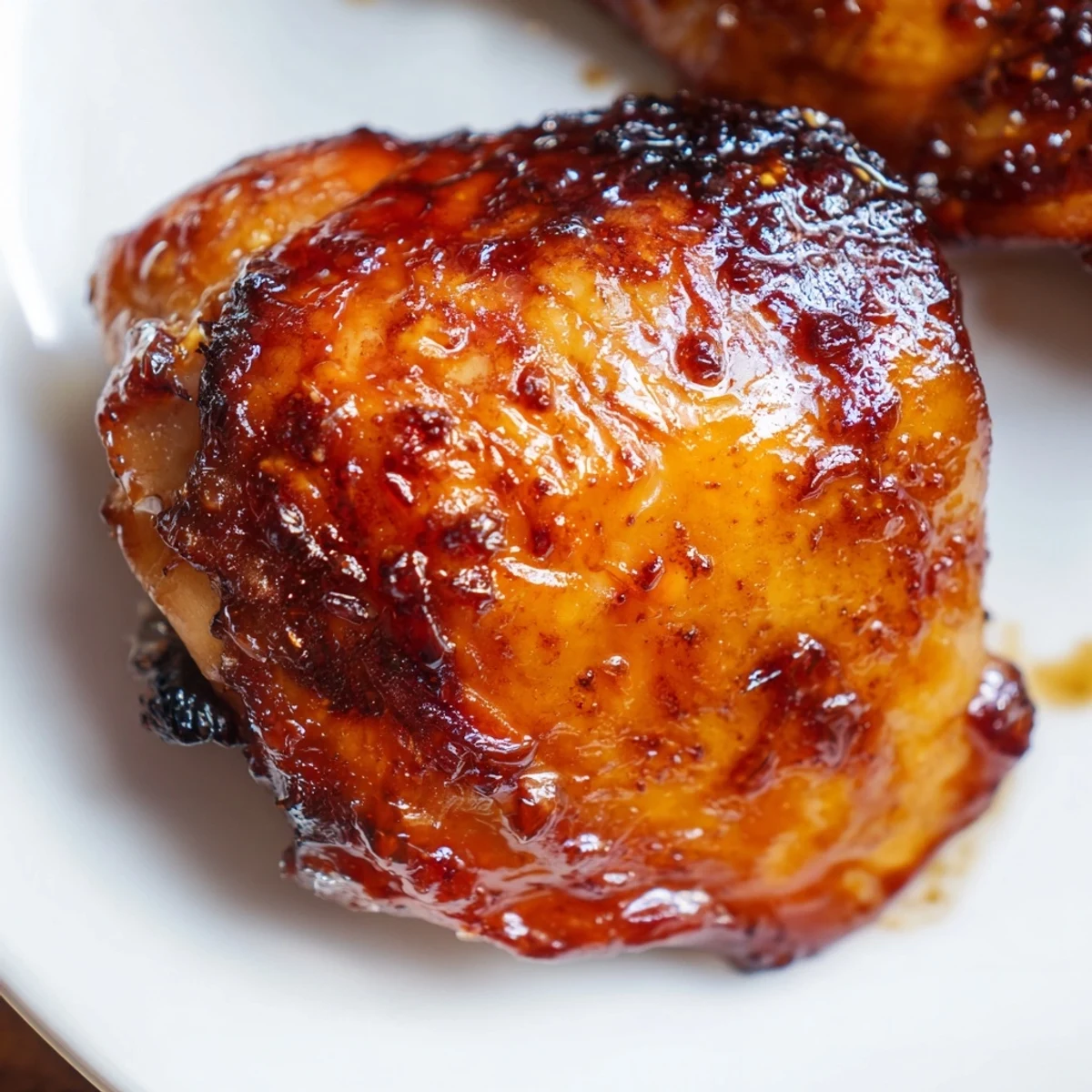 Golden glazed chicken thighs with herb rice and crispy roasted potatoes on a white plate