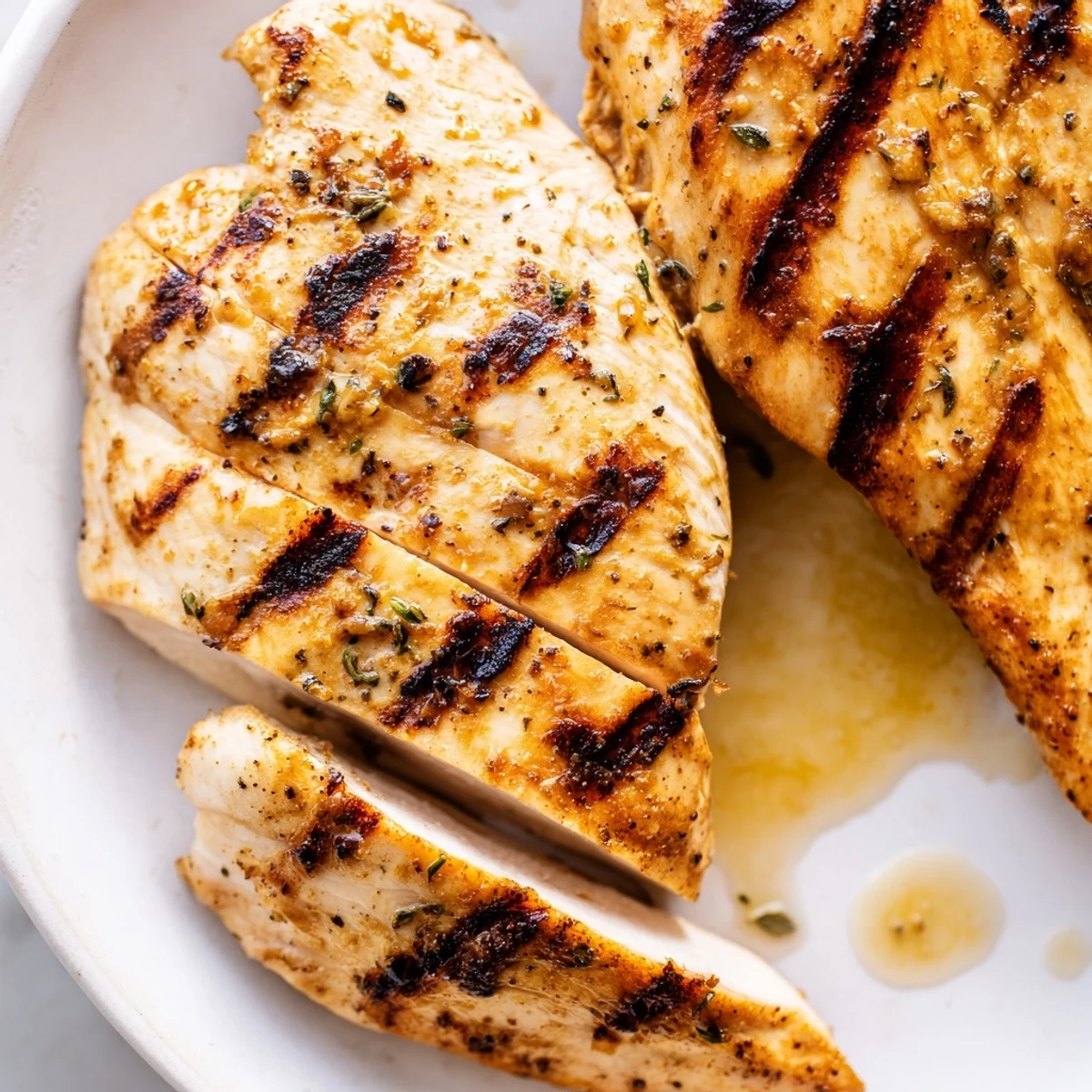 Golden Greek yogurt marinated chicken with charred grill marks on a white plate