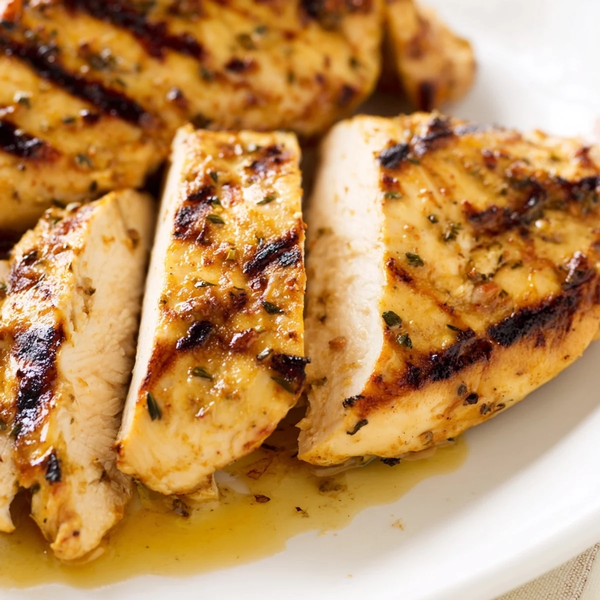 Juicy sliced Greek yogurt marinated chicken topped with fresh parsley and lemon wedges