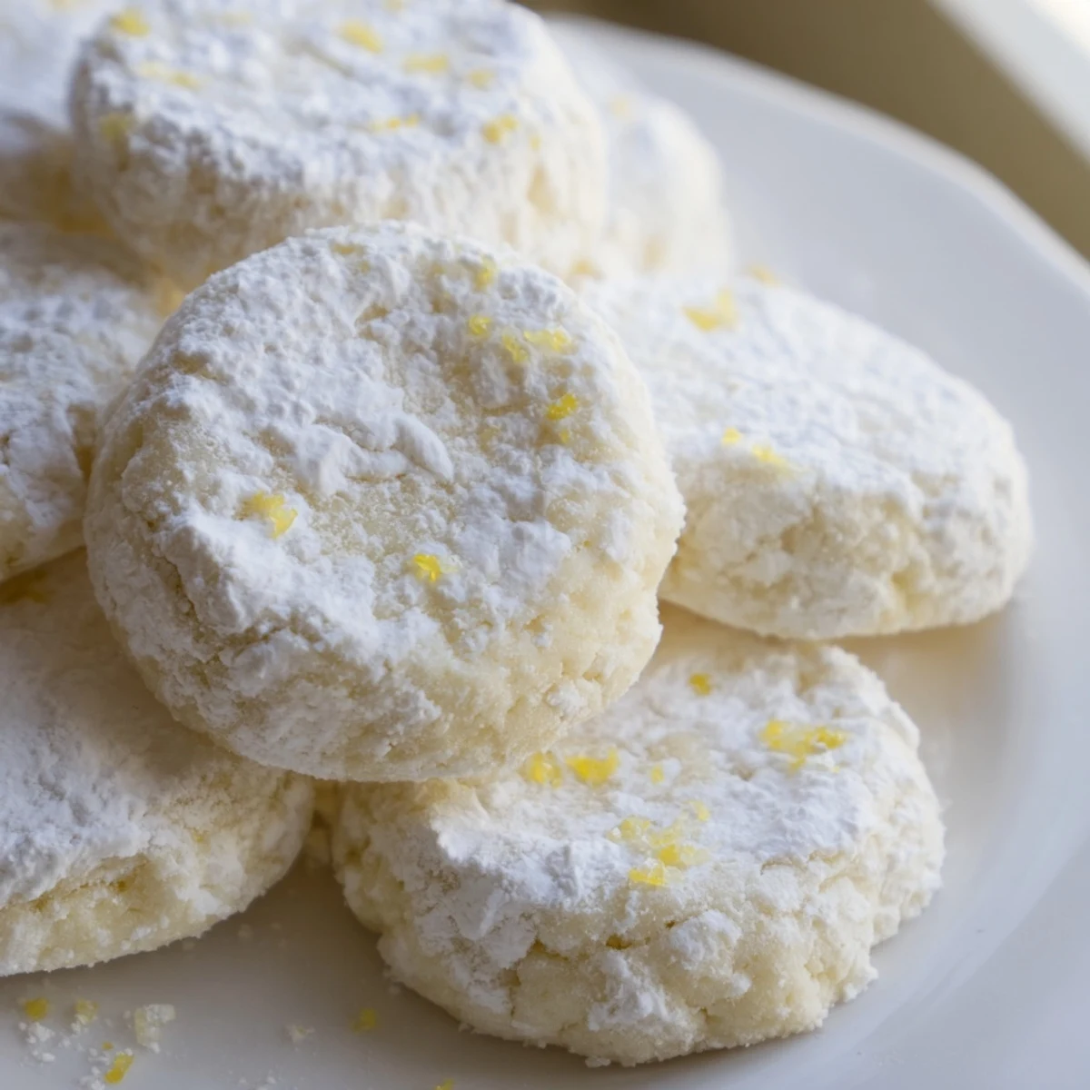 Golden buttery Lemon Meltaways arranged on parchment paper beside a cup of tea