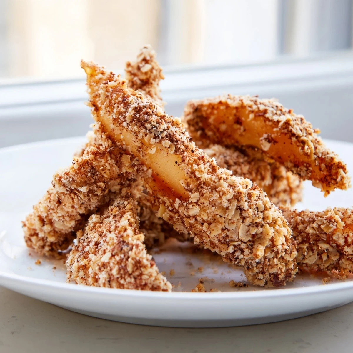 Golden crispy air fryer apple slices with cinnamon sugar coating served warm on a white plate