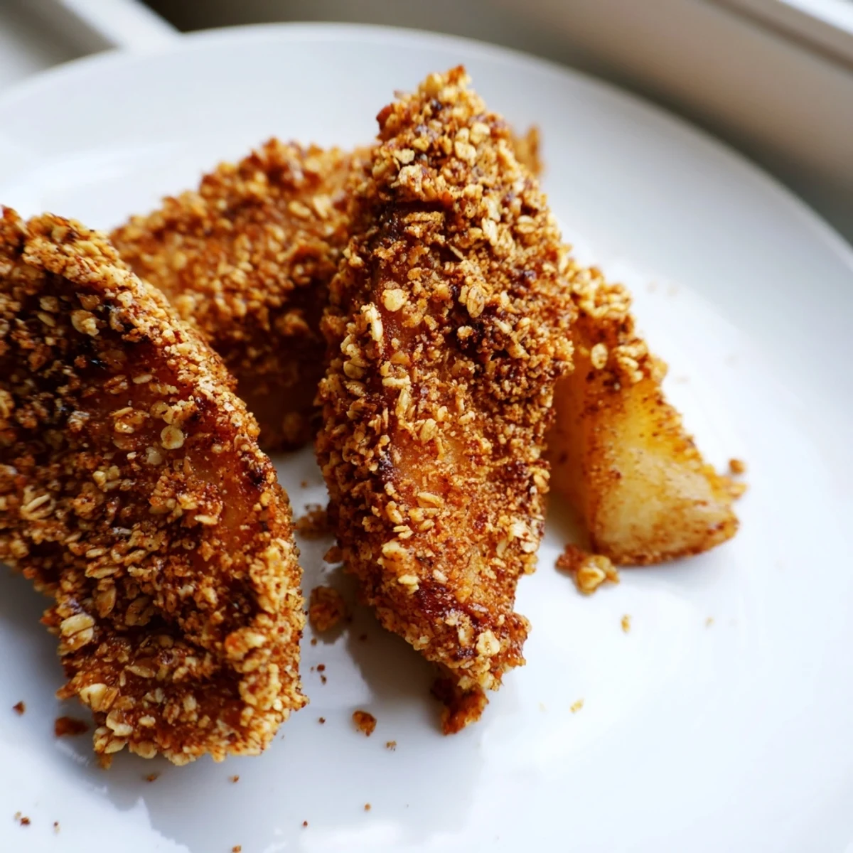 Tender caramelized air fryer apples topped with vanilla ice cream in a rustic ceramic bowl