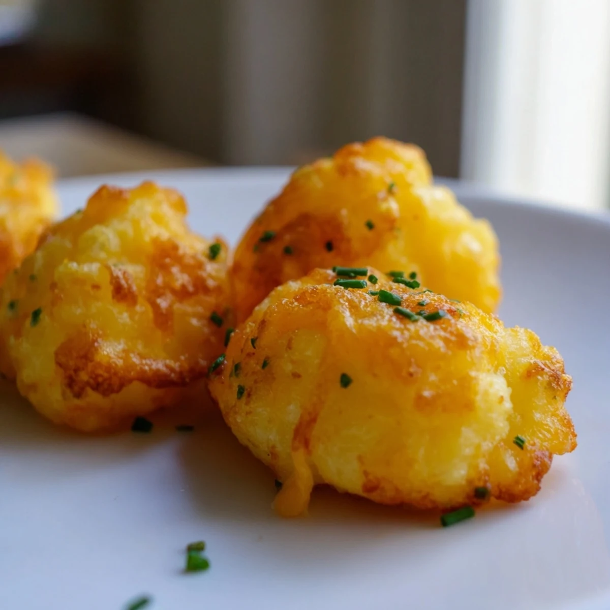 Creamy Mashed Potato Cheese Puffs served warm with a dollop of tangy sour cream