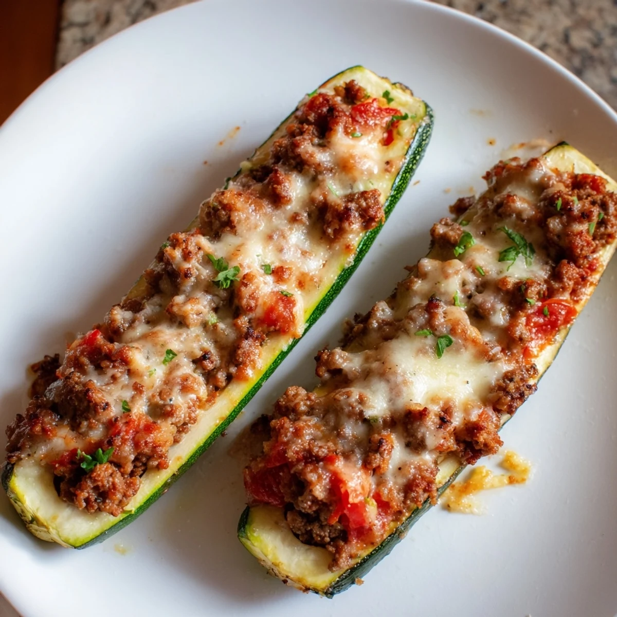 Golden baked stuffed zucchini boats with ground beef topped with bubbling melted mozzarella cheese