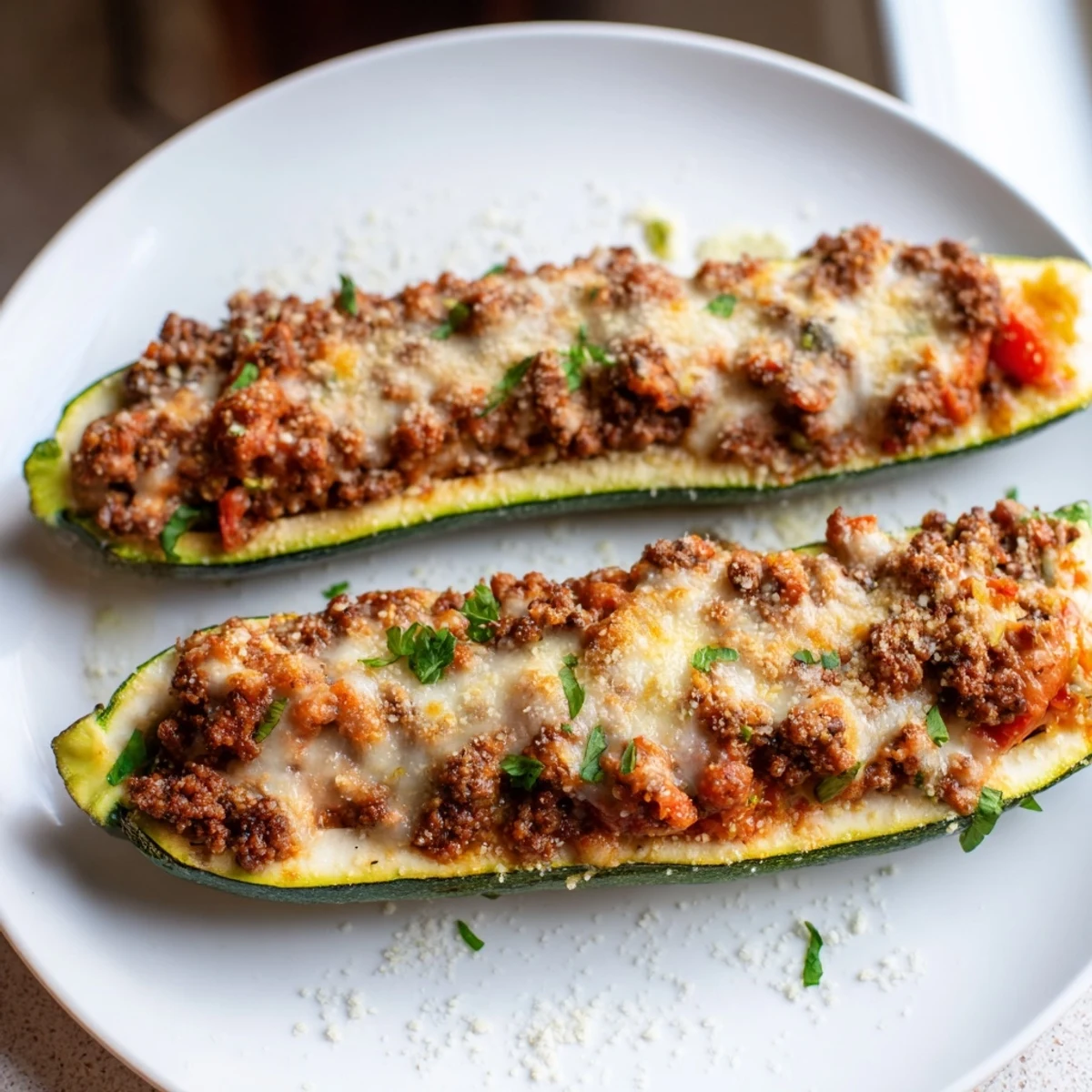 Cheesy stuffed zucchini boats with ground beef garnished with fresh parsley on a plate