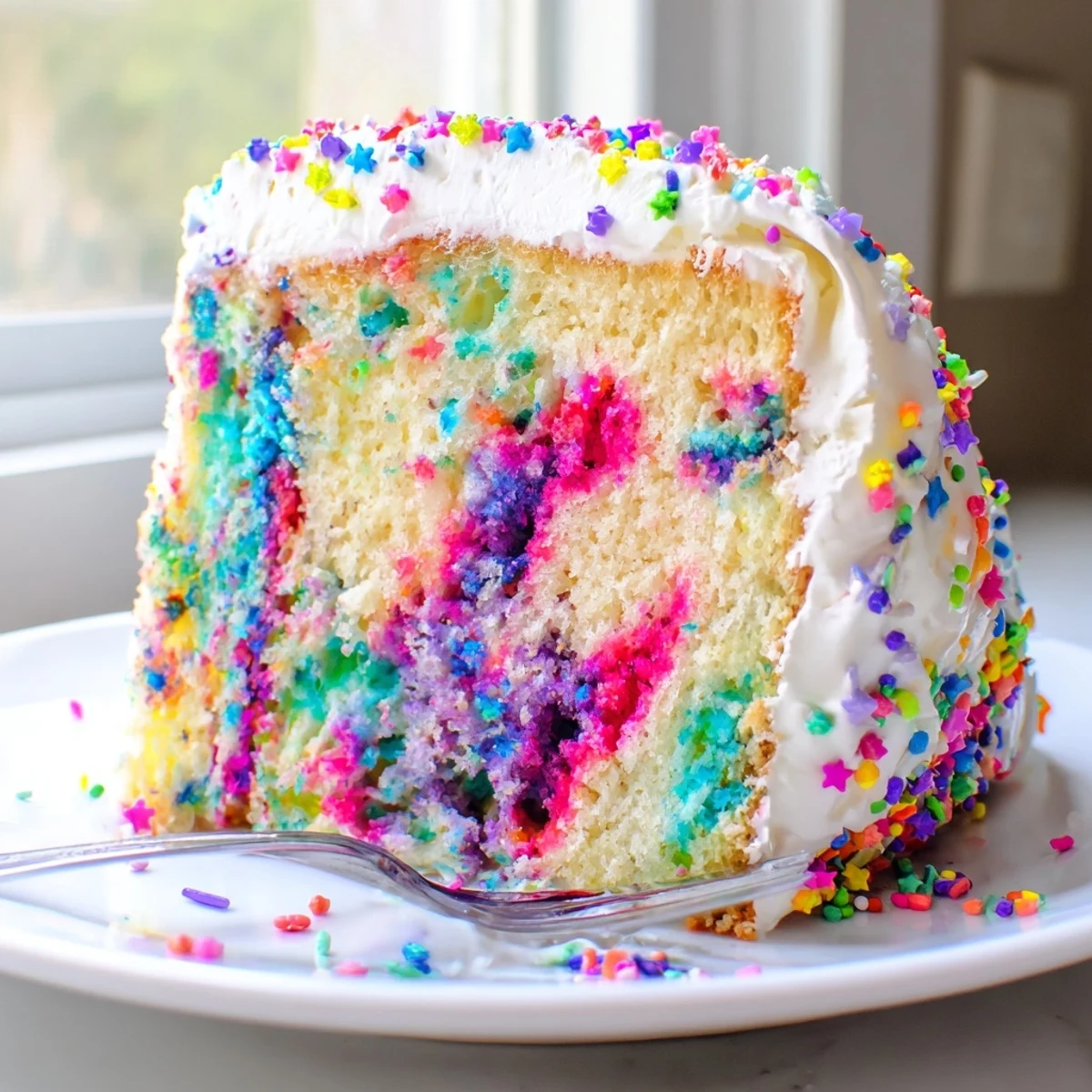 Slice of Unicorn Poke Cake revealing vibrant pink purple and blue pudding