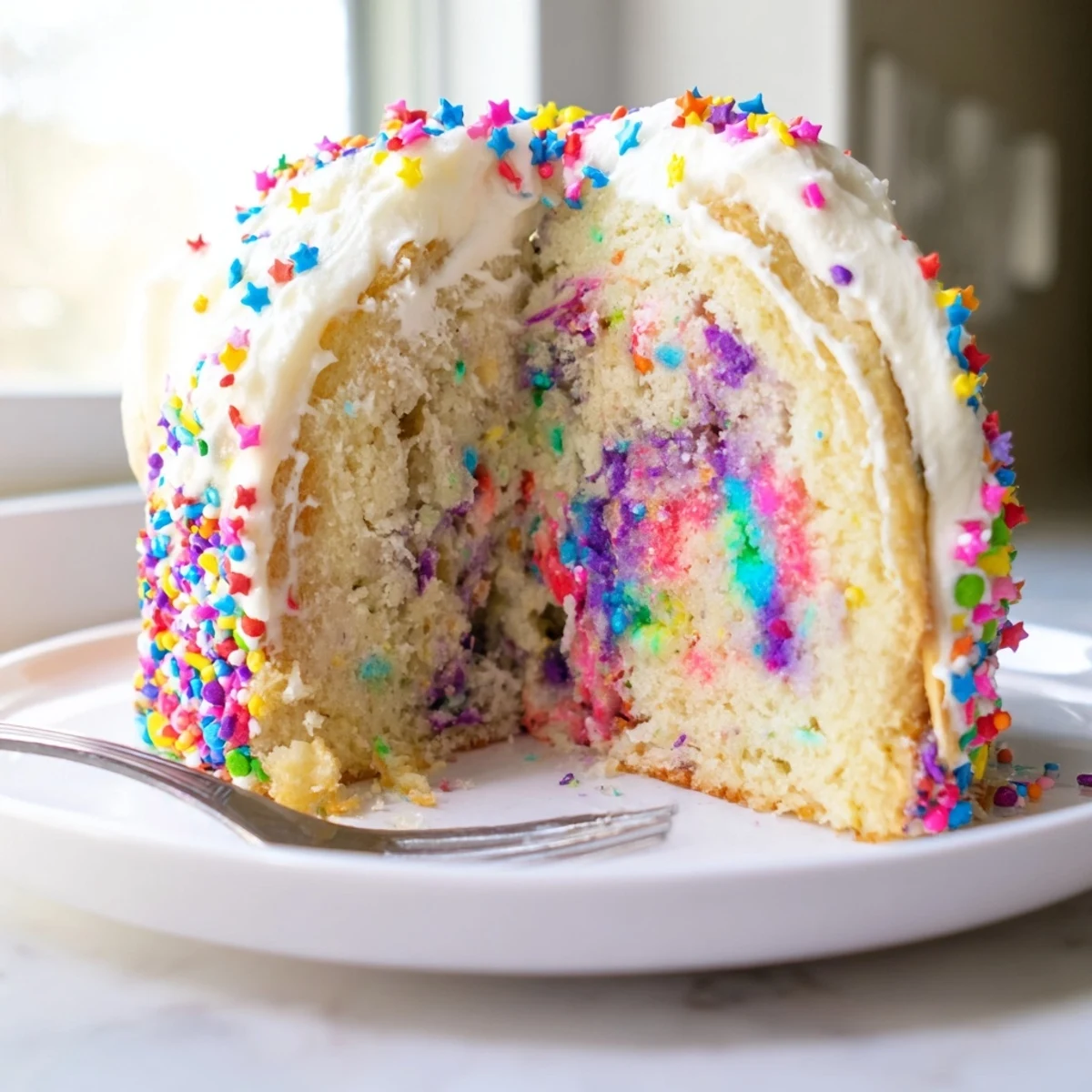 Colorful Unicorn Poke Cake with rainbow pudding swirls and fluffy whipped topping