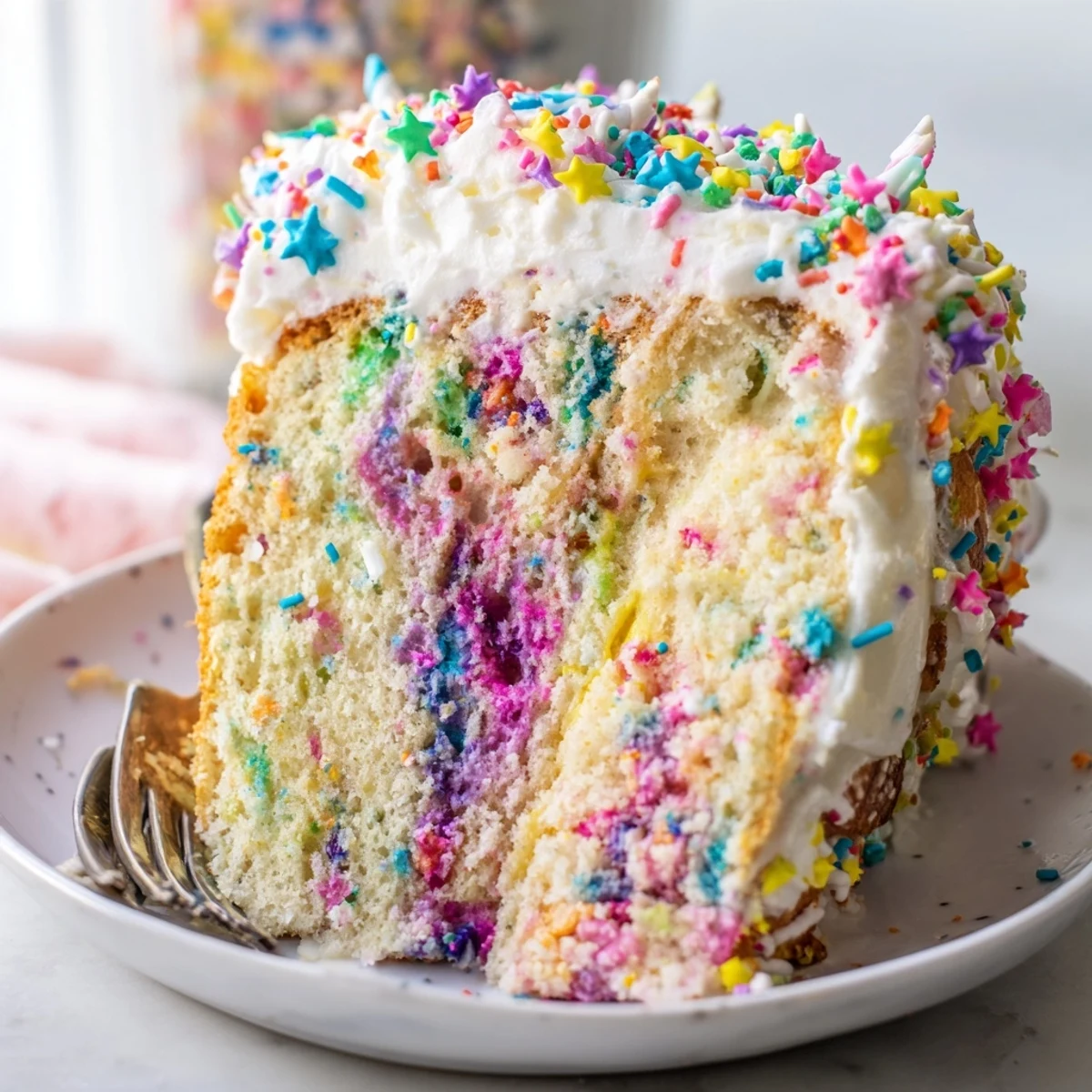 Festive Unicorn Poke Cake topped with whipped cream and bright confetti sprinkles