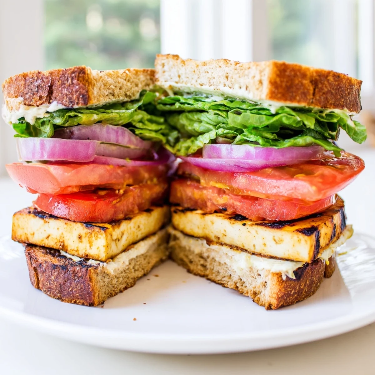 Smoky Tofu Lettuce Tomato Sandwich served on a rustic wooden cutting board with summer salad
