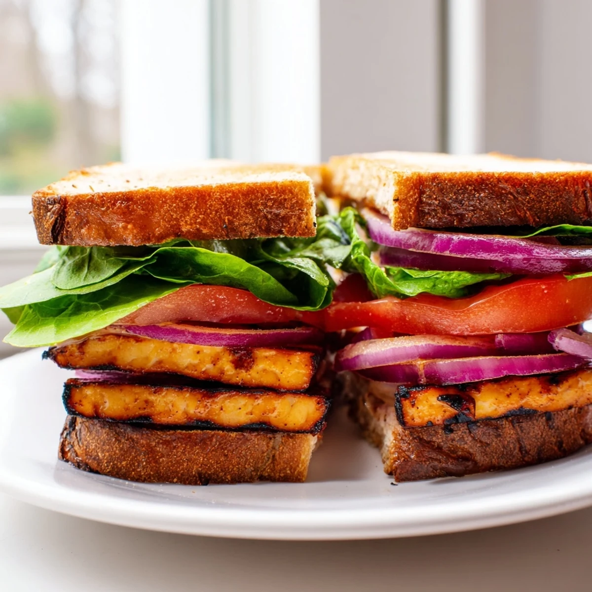 Golden smoky tofu tofu slices layered with crisp lettuce and ripe tomato on toasted sourdough bread