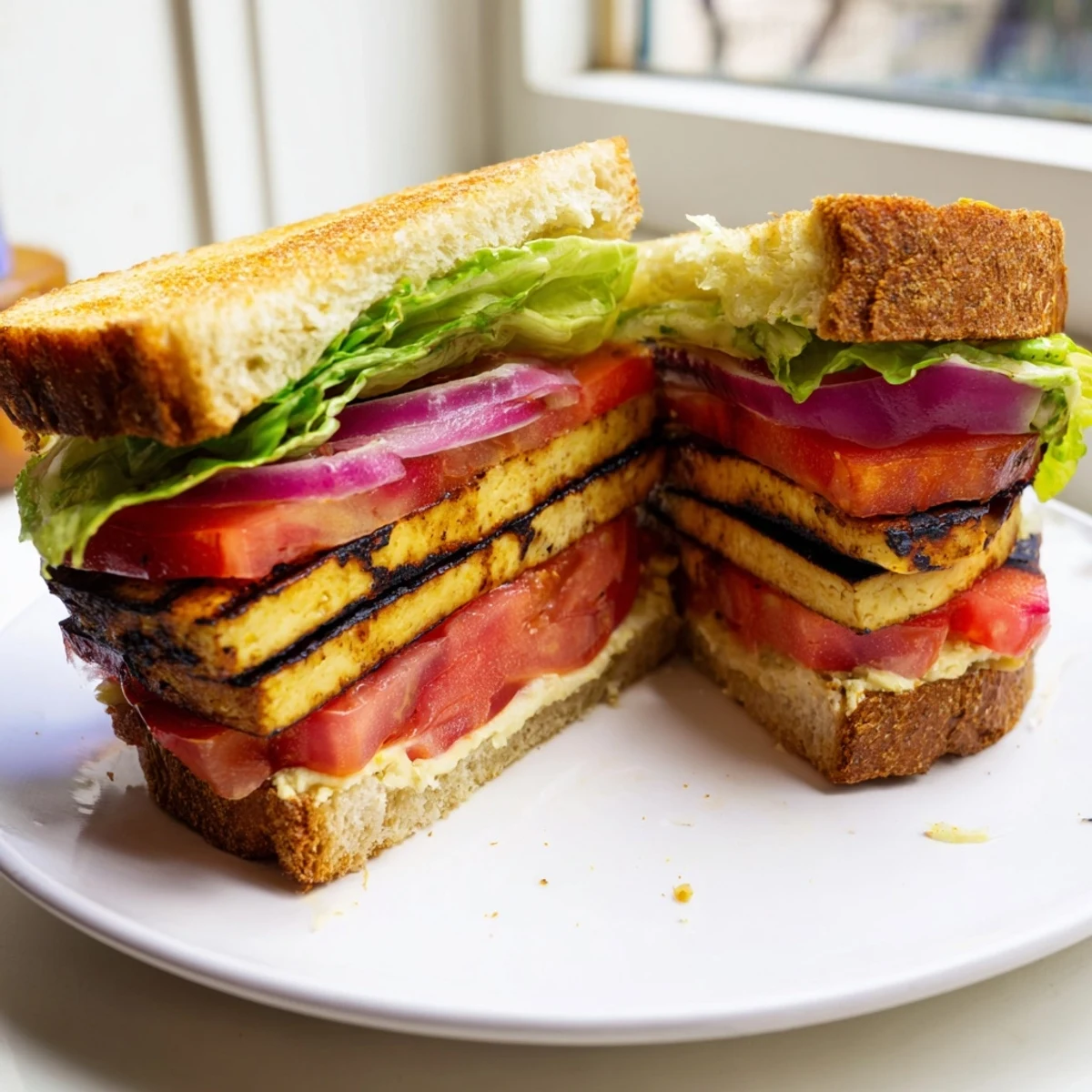 Close-up of a TLT Sandwich showcasing charred marinated tofu juicy tomatoes and fresh crunchy lettuce leaves