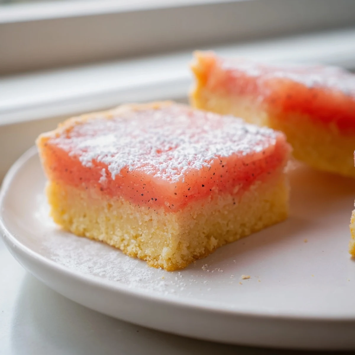 Bright pink grapefruit bars dusted with powdered sugar on a rustic cutting board