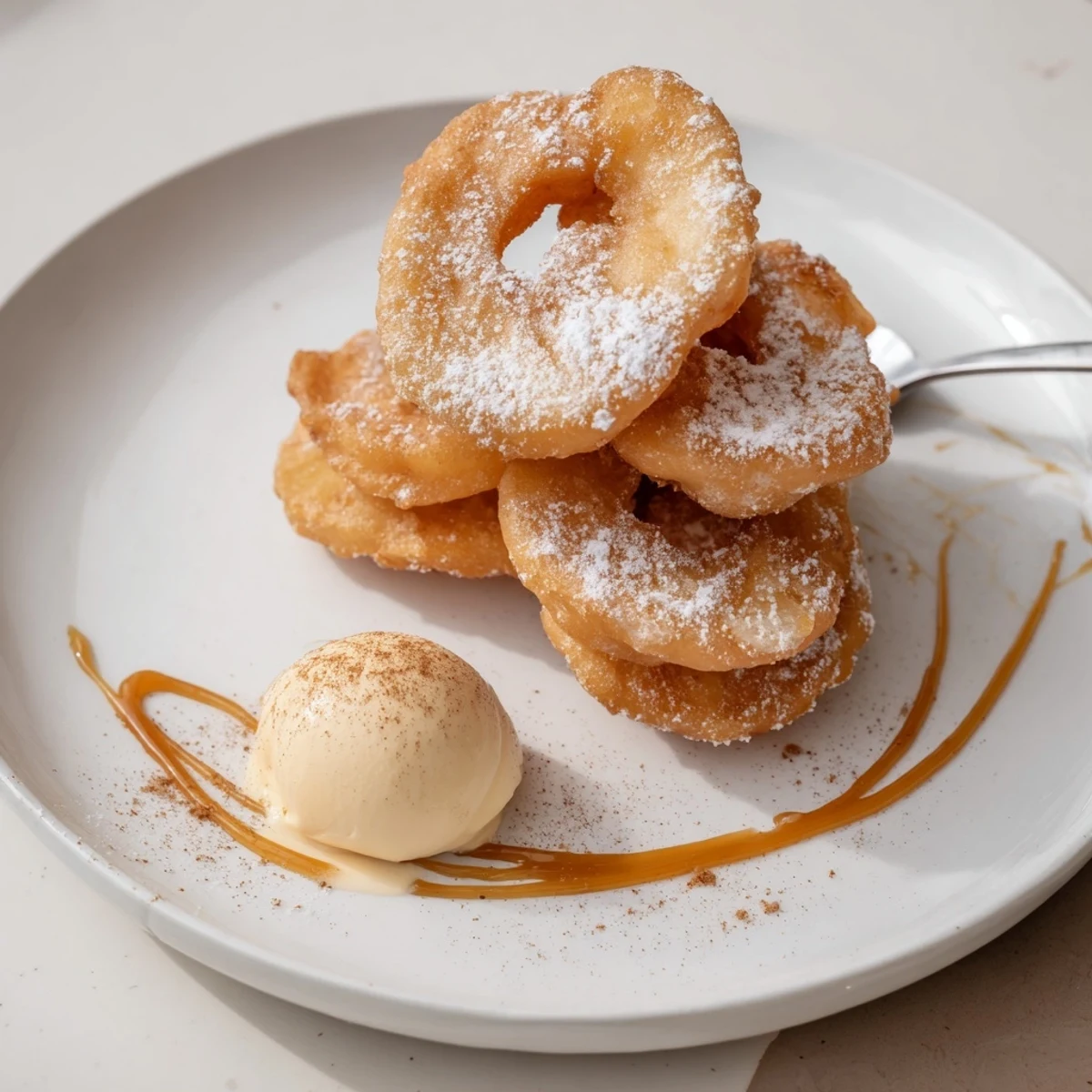 Crispy golden fried pineapple rings dusted with powdered sugar on a rustic plate