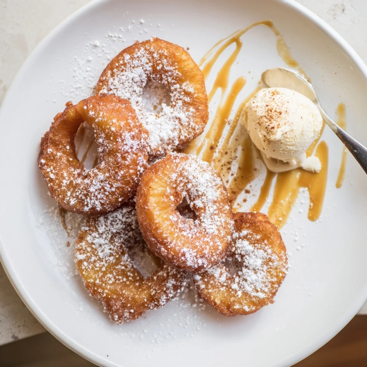 Close-up of warm fried pineapple rings with a crunchy golden brown batter coating