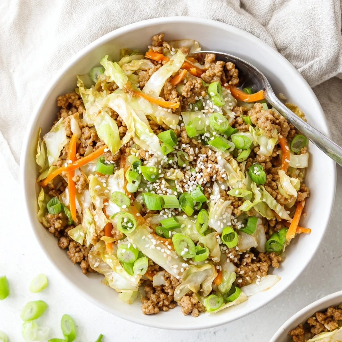 Sizzling skillet of keto egg roll in a bowl with tender cabbage and ground pork garnished with sesame seeds.