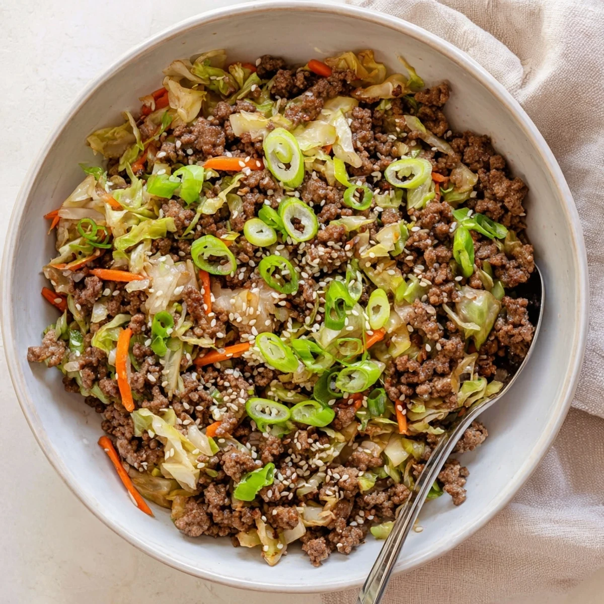 Steaming hot keto egg roll in a bowl served in a deep dish with a sprinkle of sesame seeds on top.