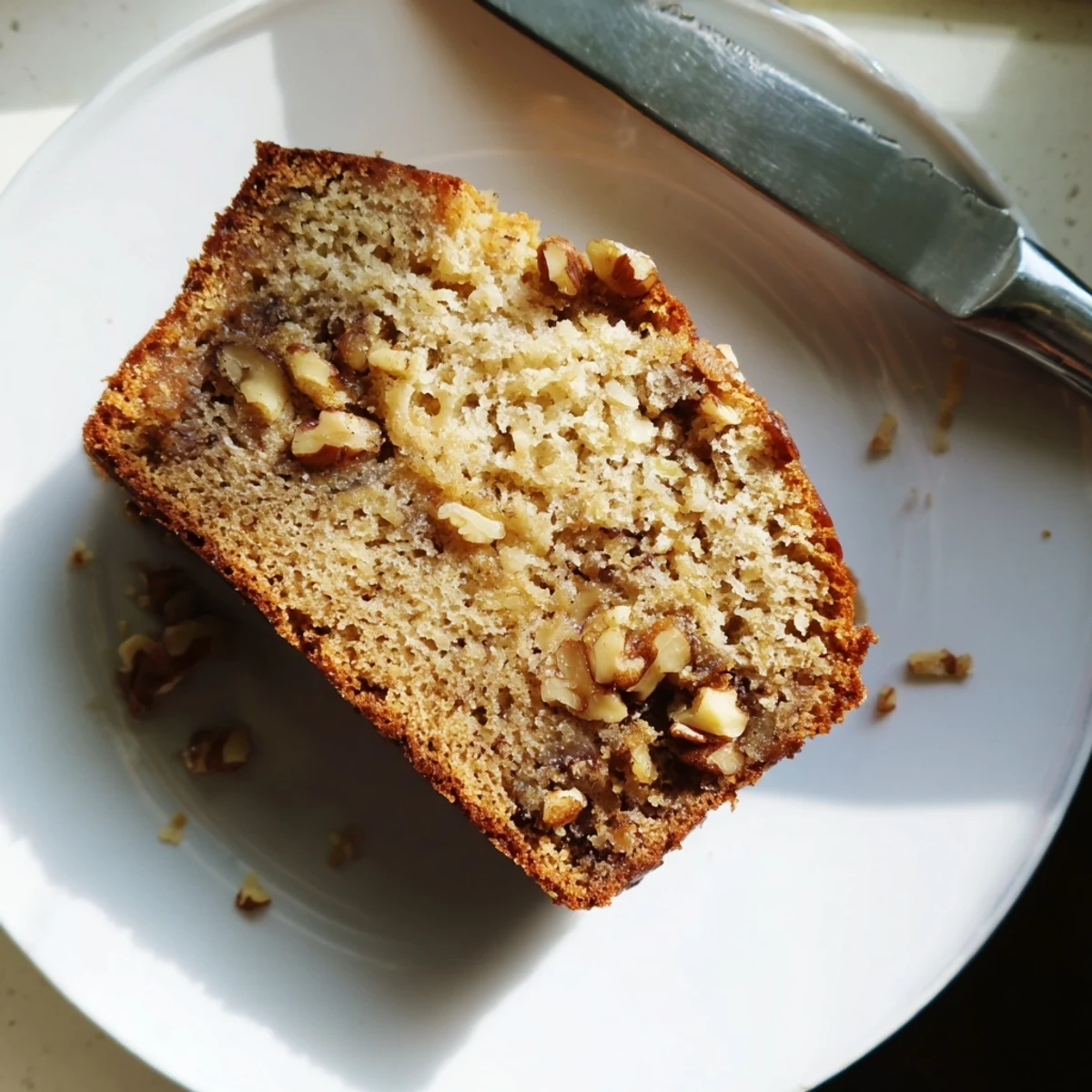 Golden Nana's Secret Banana Nut Bread sliced on a rustic wooden board with scattered walnuts