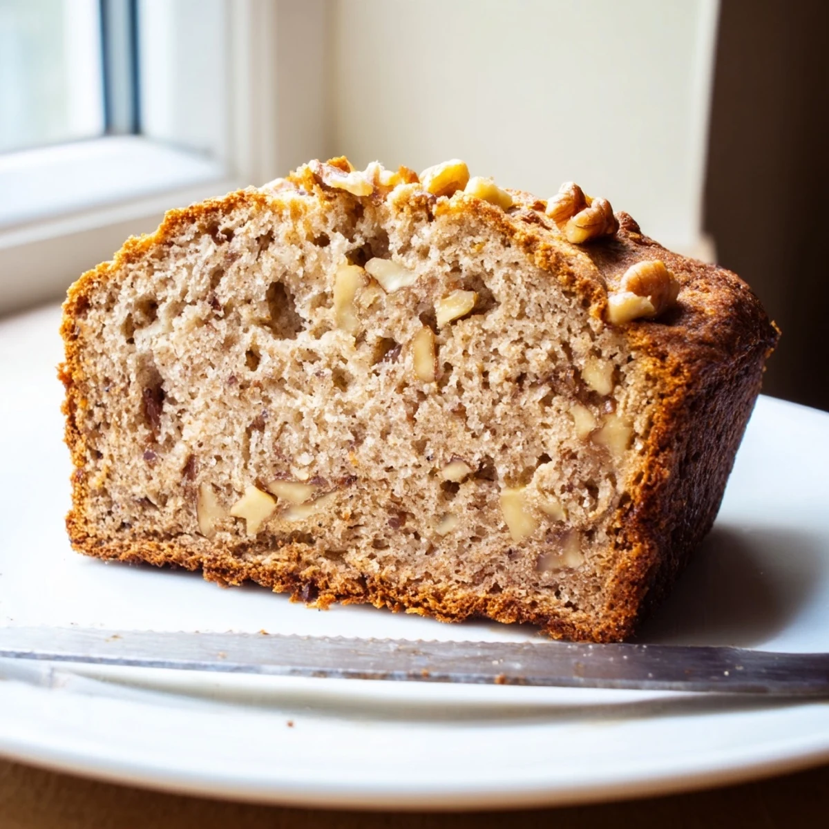 Nana's Secret Banana Nut Bread loaf fresh from the oven with a cracked golden crust