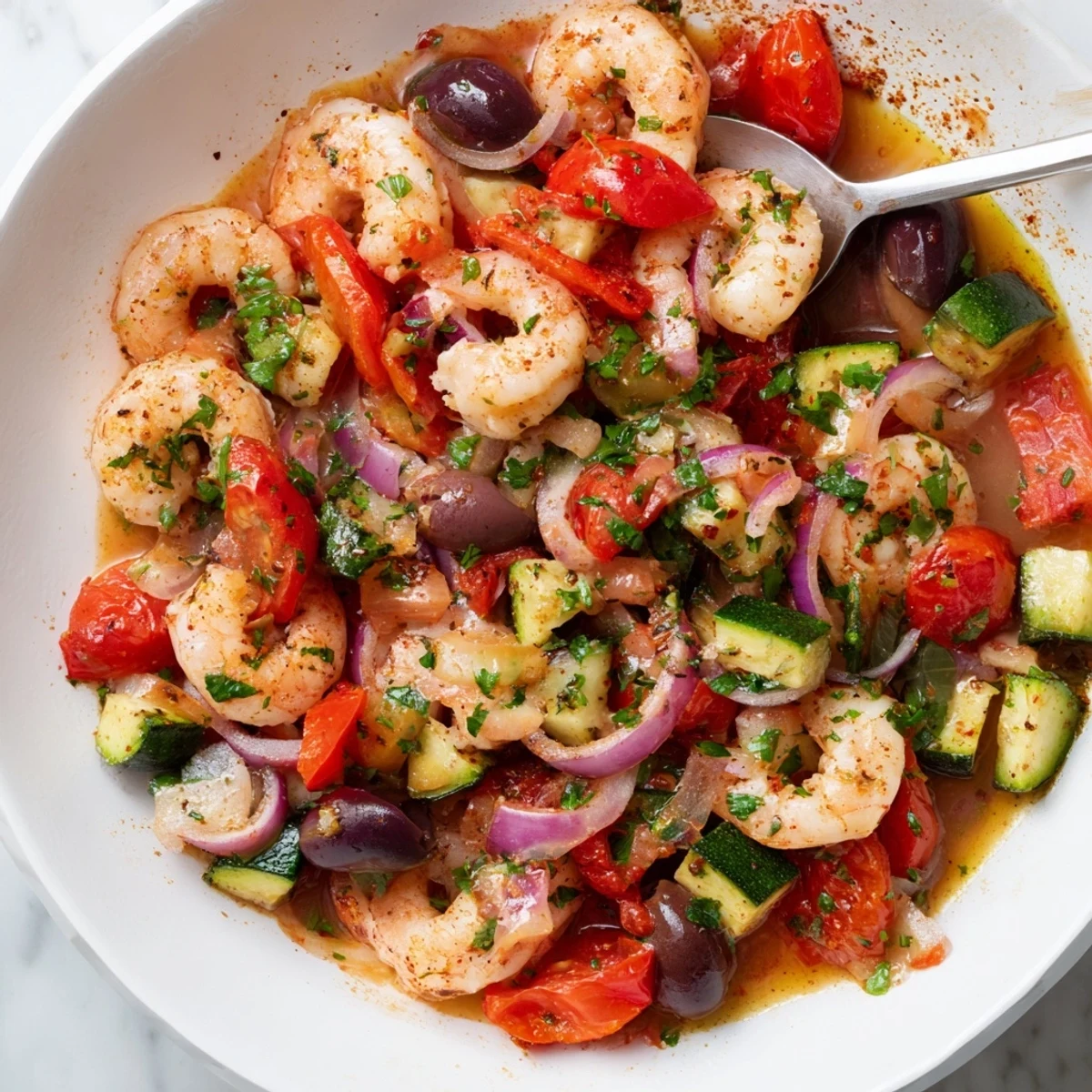 Juicy pink shrimp nestled among cherry tomatoes and olives in a Mediterranean Shrimp Skillet