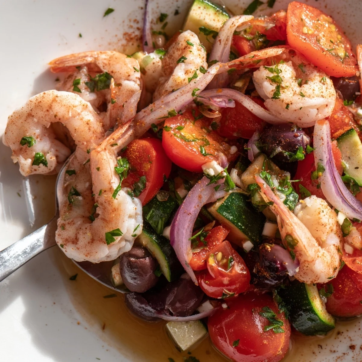 Sizzling one-pan Mediterranean Shrimp Skillet garnished with fresh parsley and lemon wedges