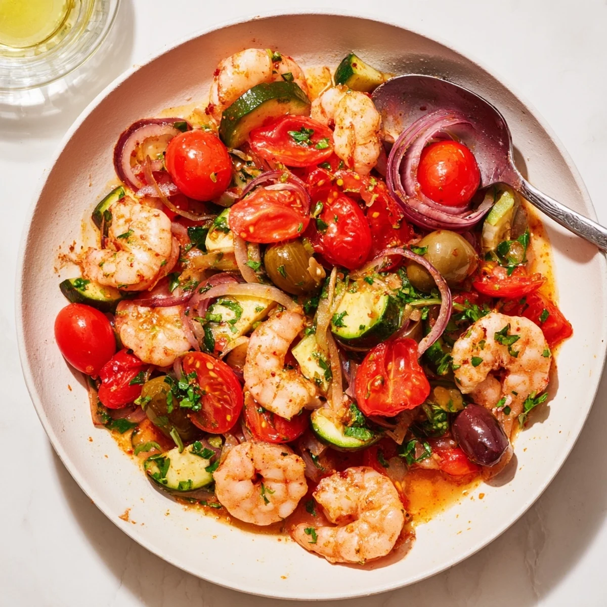 Golden Mediterranean Shrimp Skillet served hot with crusty bread for soaking up the tomato sauce