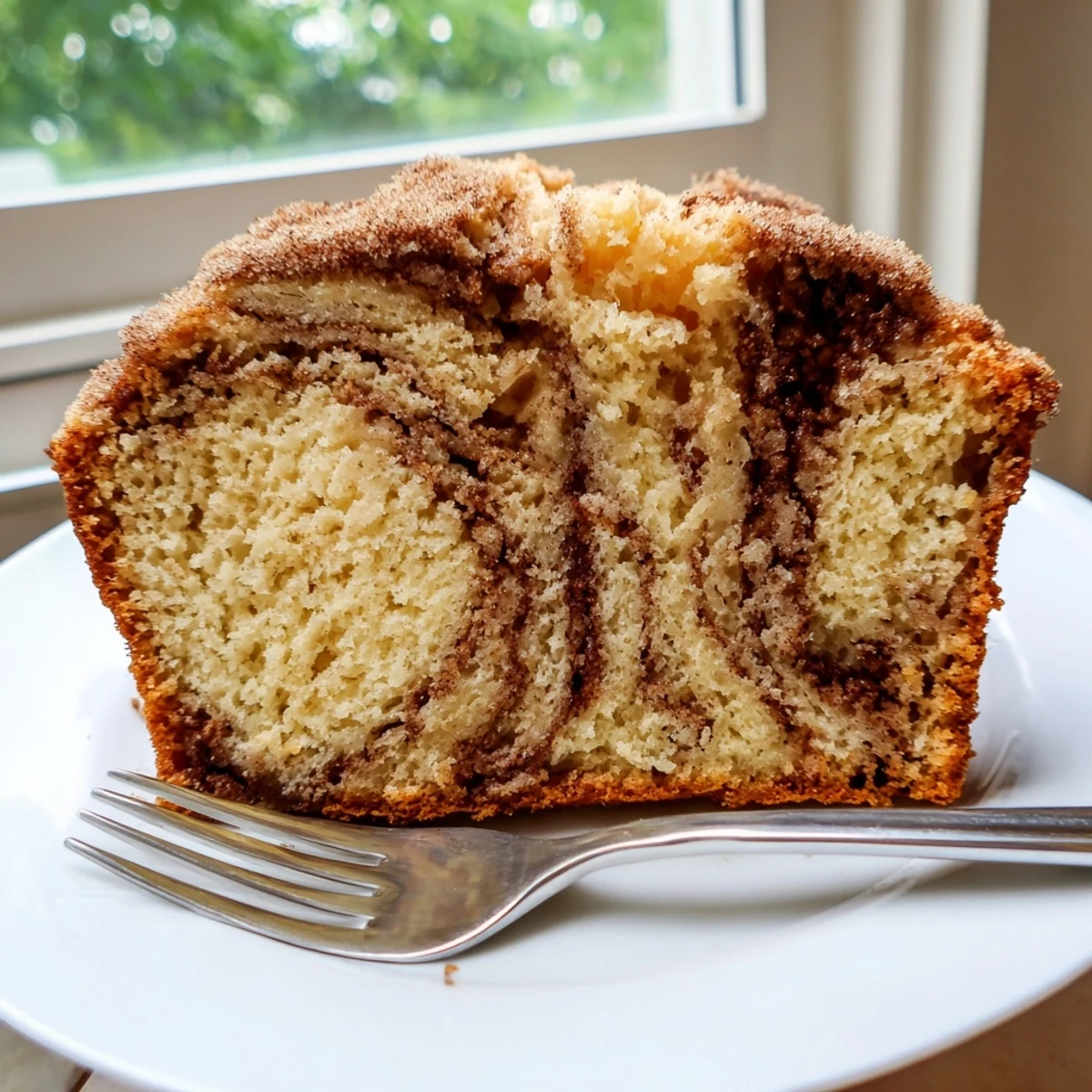 Golden slice of snickerdoodle banana bread showing a warm cinnamon-sugar swirl