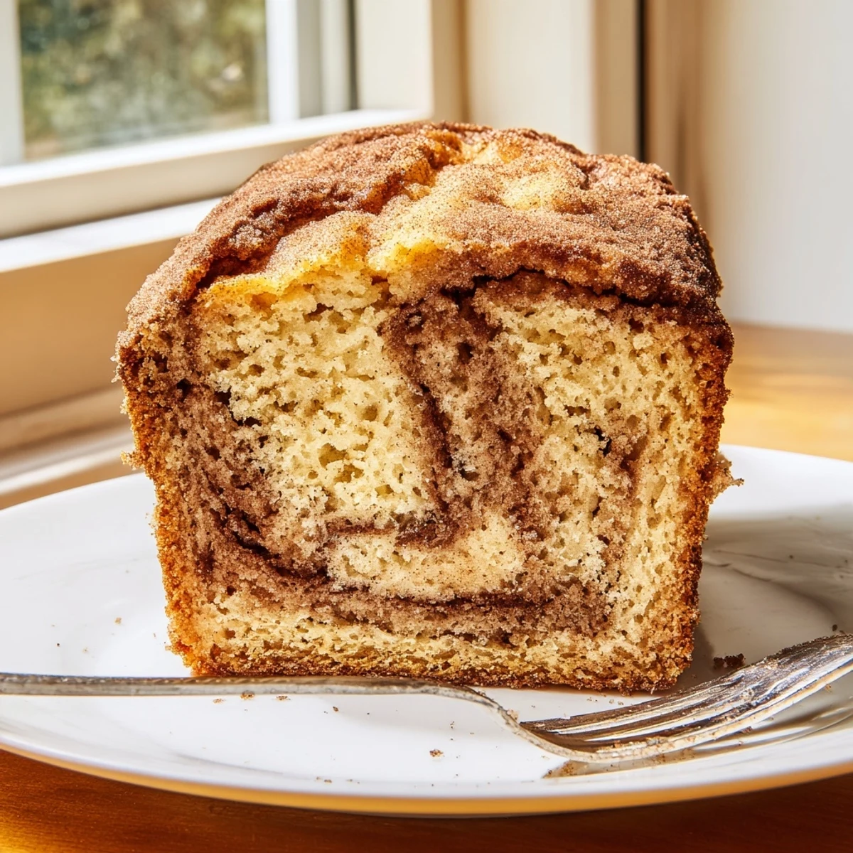 Thick slice of snickerdoodle banana bread on a white plate dusted with cinnamon