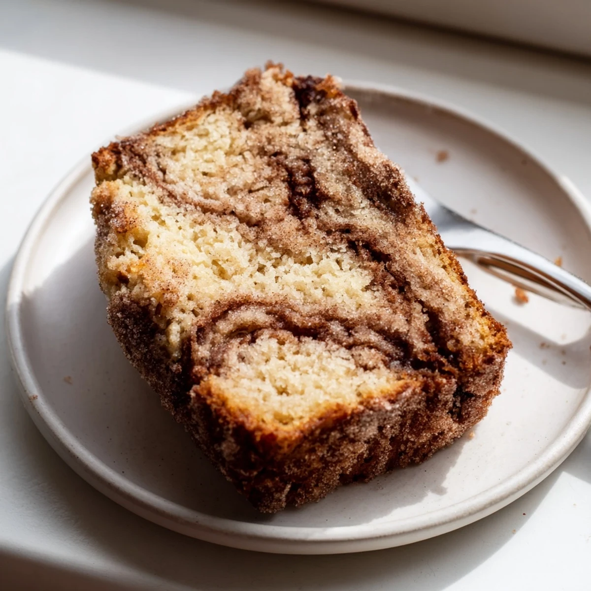Freshly baked snickerdoodle banana bread loaf with crackled cinnamon-sugar topping