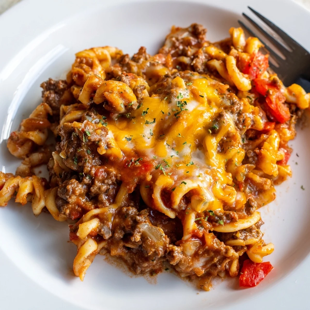 Beef Noodle Casserole bubbling with melted cheddar, rustic dish on wooden table
