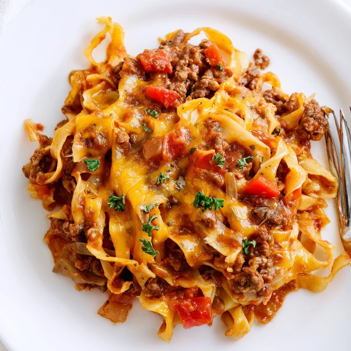 Hearty Beef Noodle Casserole layered with gooey cheese, fork-ready comfort dinner