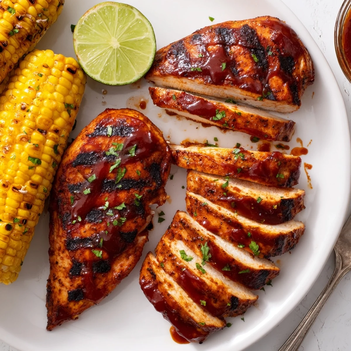 BBQ Chicken With Corn sizzling on the grill, juicy chicken and charred corn.