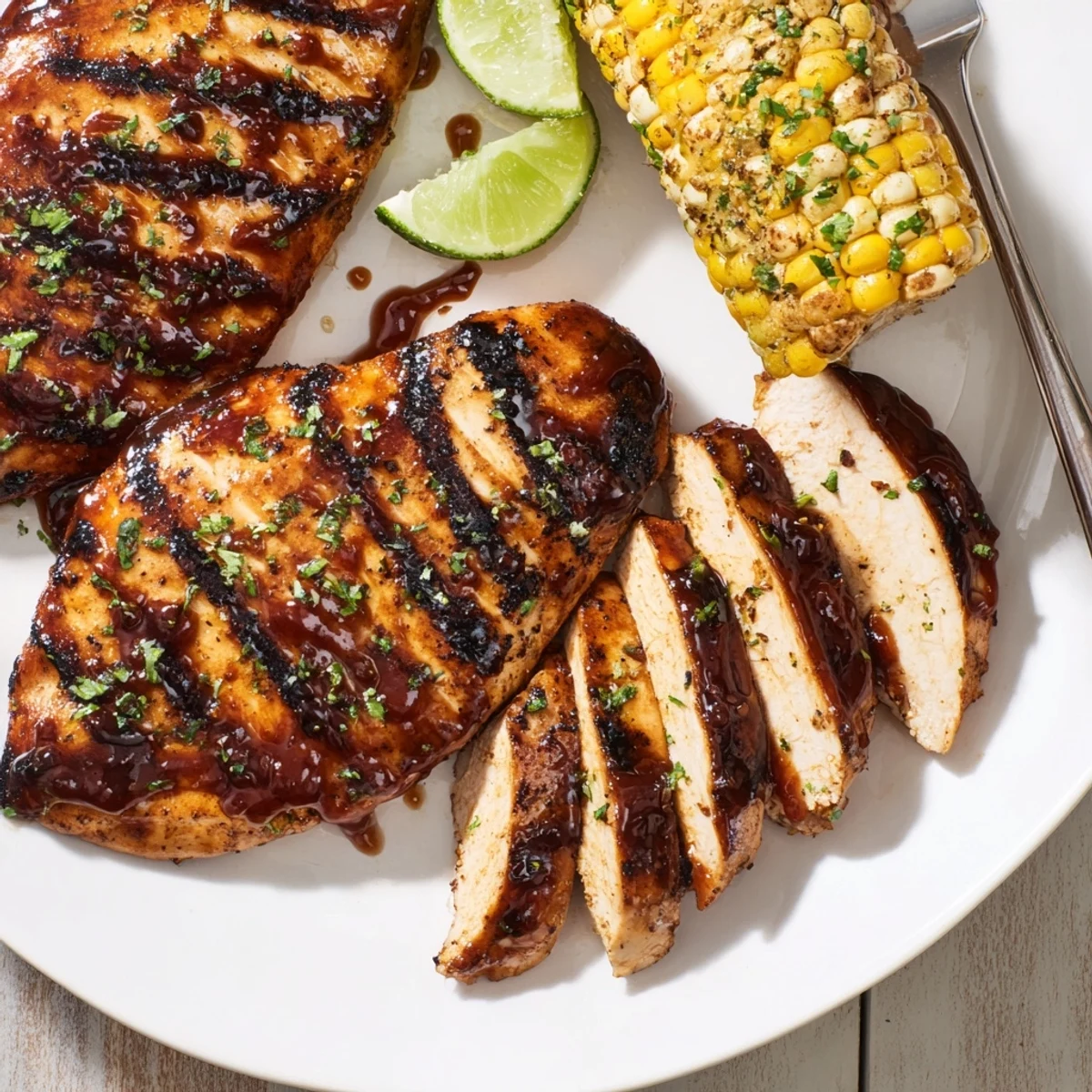 Grilled summer plate of BBQ Chicken With Corn, buttery kernels and tangy sauce.