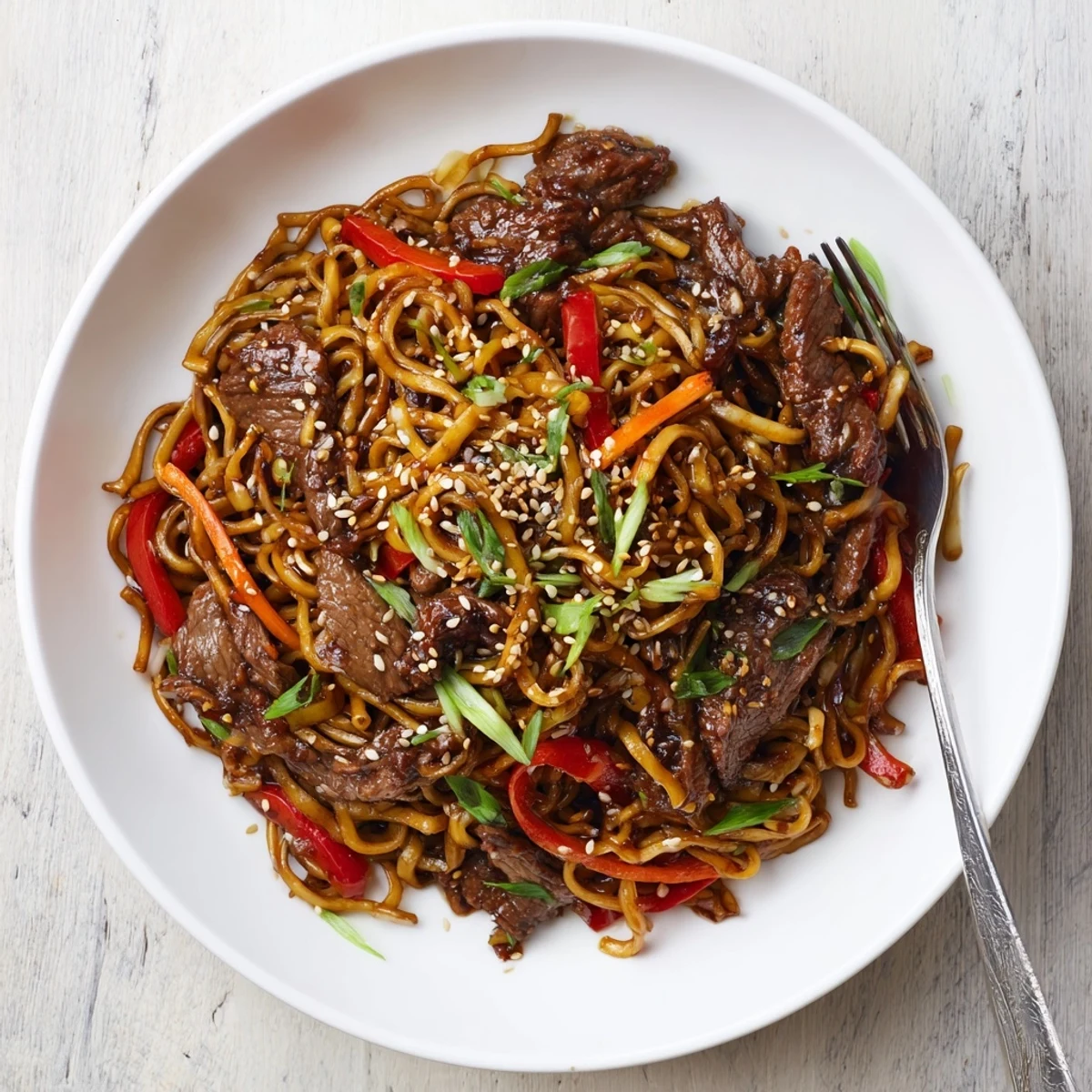 Sticky Beef Noodles tossed in glossy hoisin sauce, topped with toasted sesame