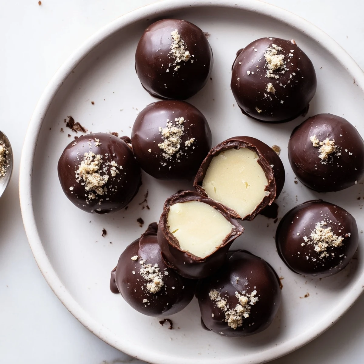 Dark Chocolate Eggnog Truffles with glossy shell, creamy nutmeg-scented centers on parchment