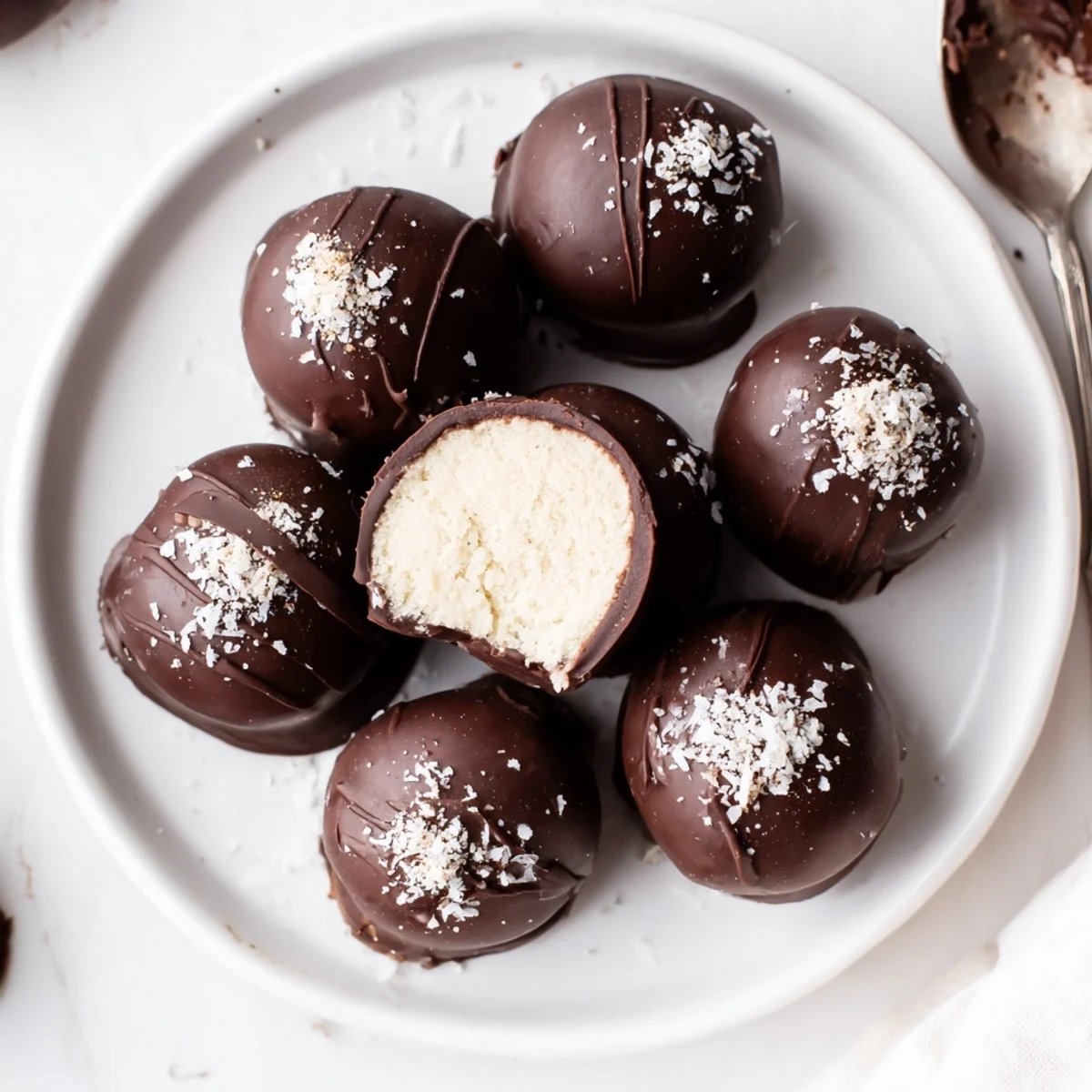 Hand-rolled Dark Chocolate Eggnog Truffles chilled, melt-in-your-mouth center, served with coffee