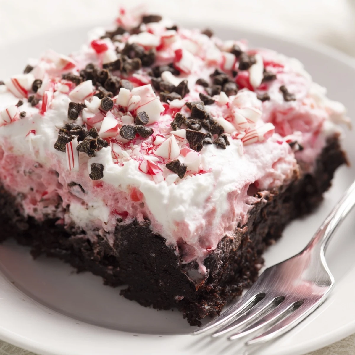 Holiday-ready Peppermint Poke Cake garnished with chocolate shavings, peppermint pieces
