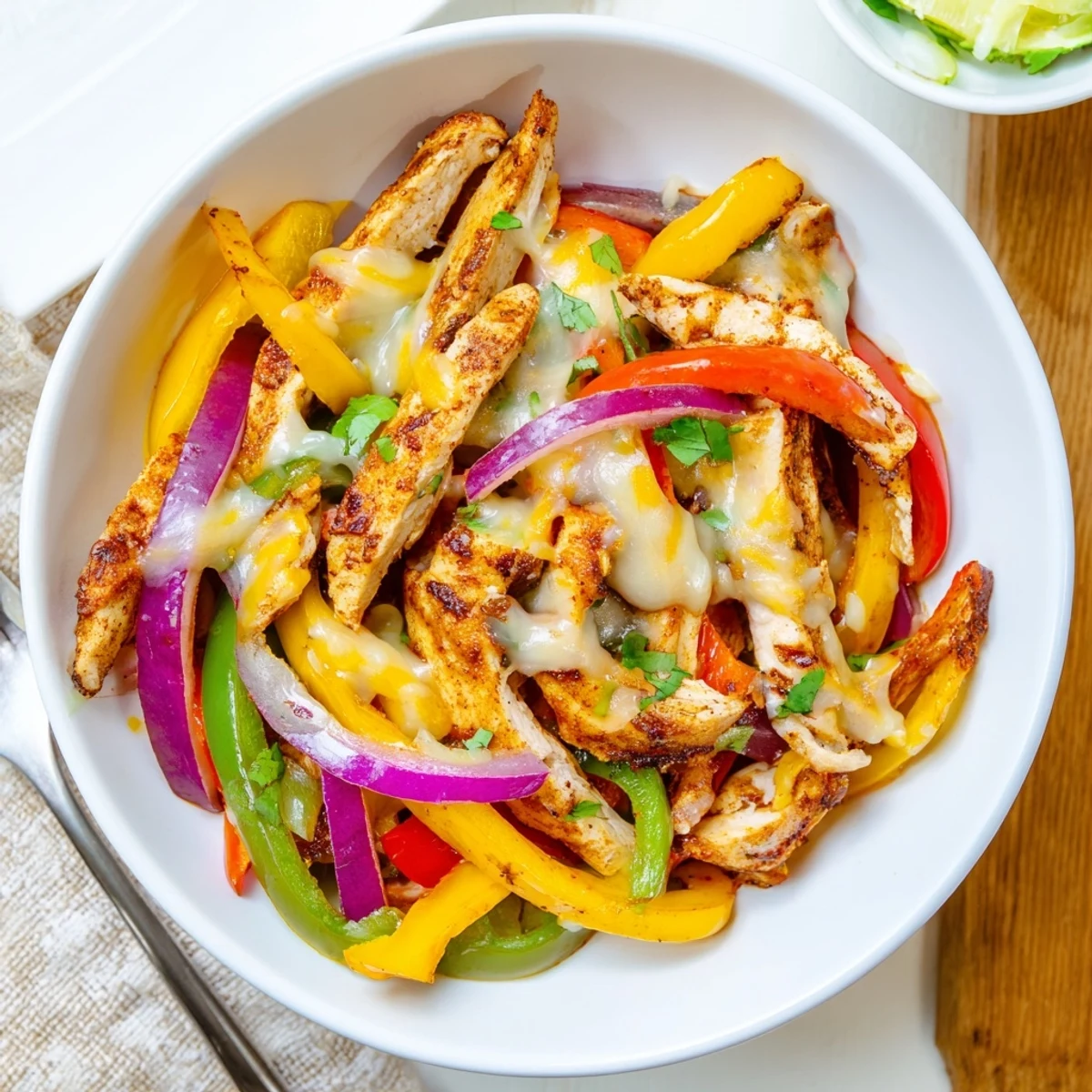 Sizzling Cheesy Baja Chicken Bell Pepper Skillet with melted cheese and lime  