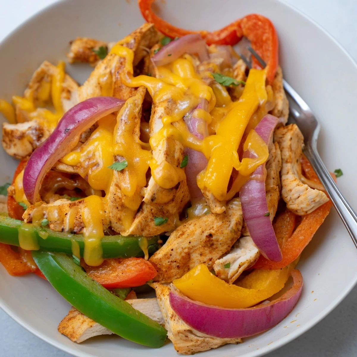 Colorful Cheesy Baja Chicken Bell Pepper Skillet bubbling with spices, cilantro, and lime